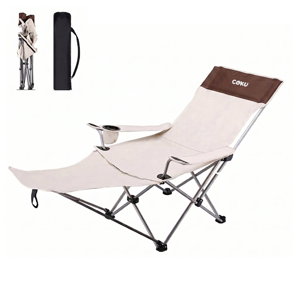 Coku Reclining Camping Chair with Detachable Foot Rest, Cup Holder & Side Storage Pocket, Foldable Portable Heavy Duty Lounge Chair for Beach, Fishing, Picnic, Garden