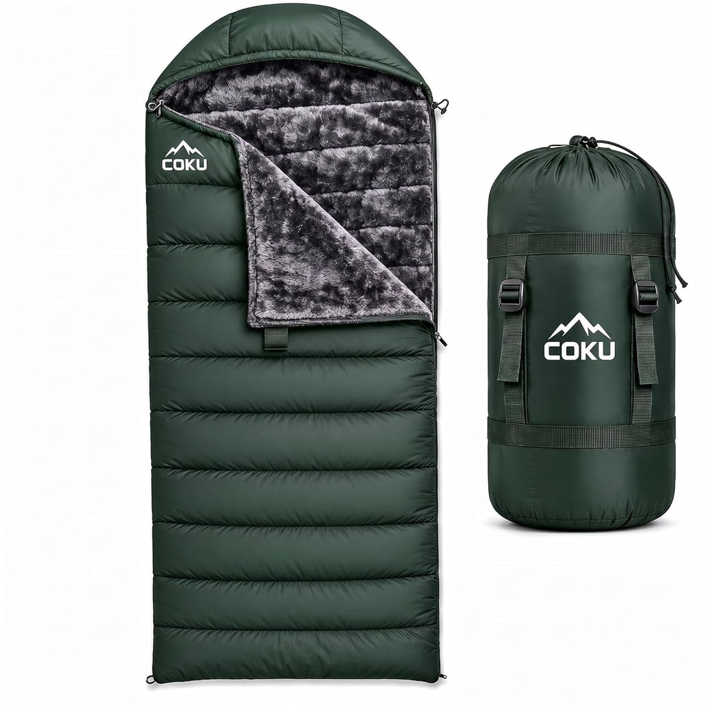 Coku Premium Camping Sleeping Bag, Up to 7.2 ft with Faux Fur Lining, Hooded Design, Lightweight & Compact with Fits Users Sleeping Bag (-5°C to +5°C) for Camping, Hiking & Travel (Green)