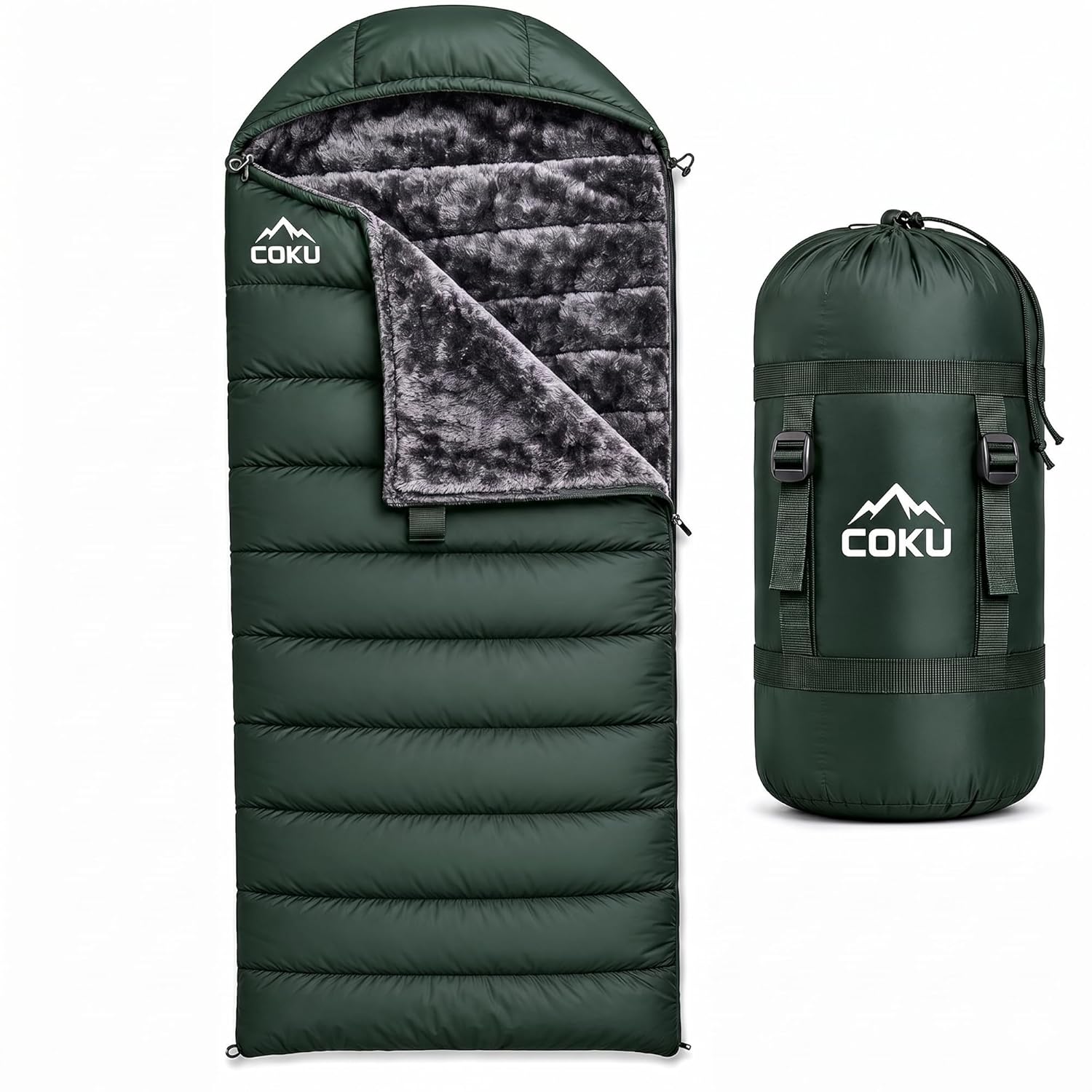 Coku Premium Camping Sleeping Bag, Up to 7.2 ft with Faux Fur Lining, Hooded Design, Lightweight & Compact with Fits Users Sleeping Bag (-5°C to +5°C) for Camping, Hiking & Travel (Green)
