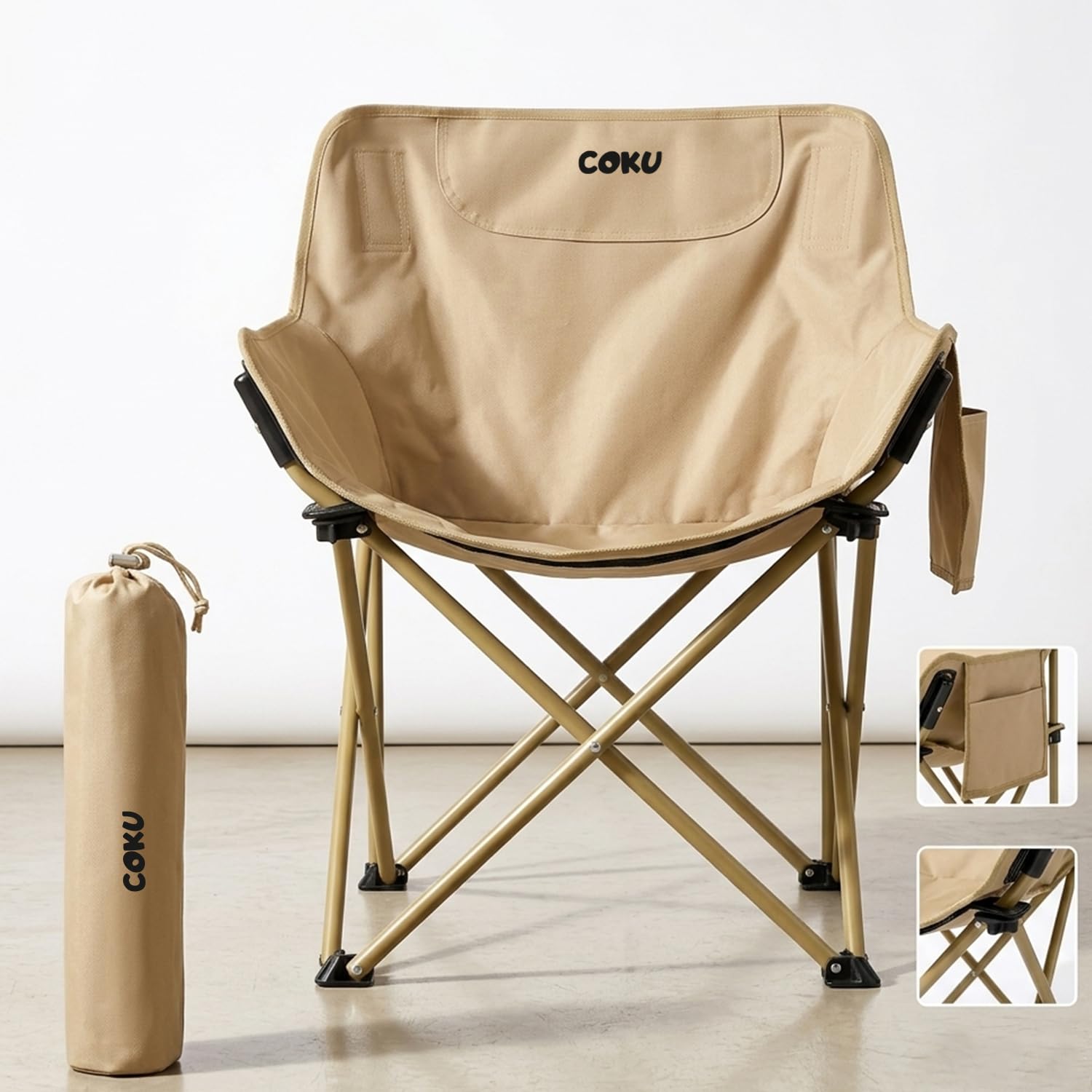 coku Foldable Camping Chair for Adults | Lightweight Portable Outdoor Chair with Side Pocket & Carry Bag | Carbon Steel Frame, 120kg Capacity | 600D Oxford Fabric for Camping, Beach & Travel