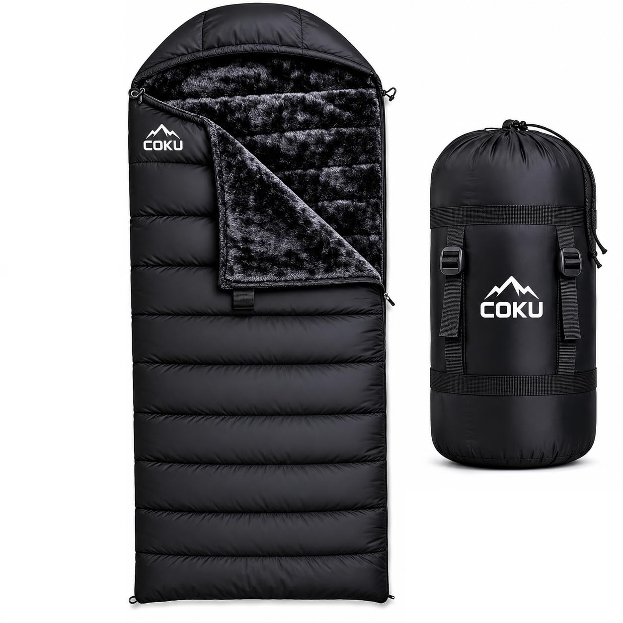 Coku Premium Camping Sleeping Bag, Up to 7.2 ft with Faux Fur Lining, Hooded Design, Lightweight & Compact with Fits Users Sleeping Bag (-5°C to +5°C) for Camping, Hiking & Travel (Black)