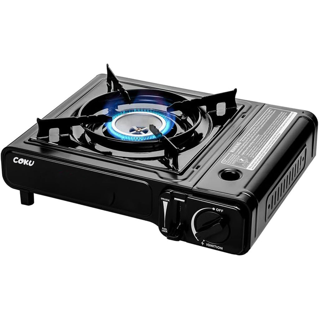 Coku Butane Gas Stove for Camping, Portable Single Burner Cooktop with Automatic Ignition, Flame Control, Safety Cartridge Lock, Carry Case, for Hiking, BBQ, Picnic