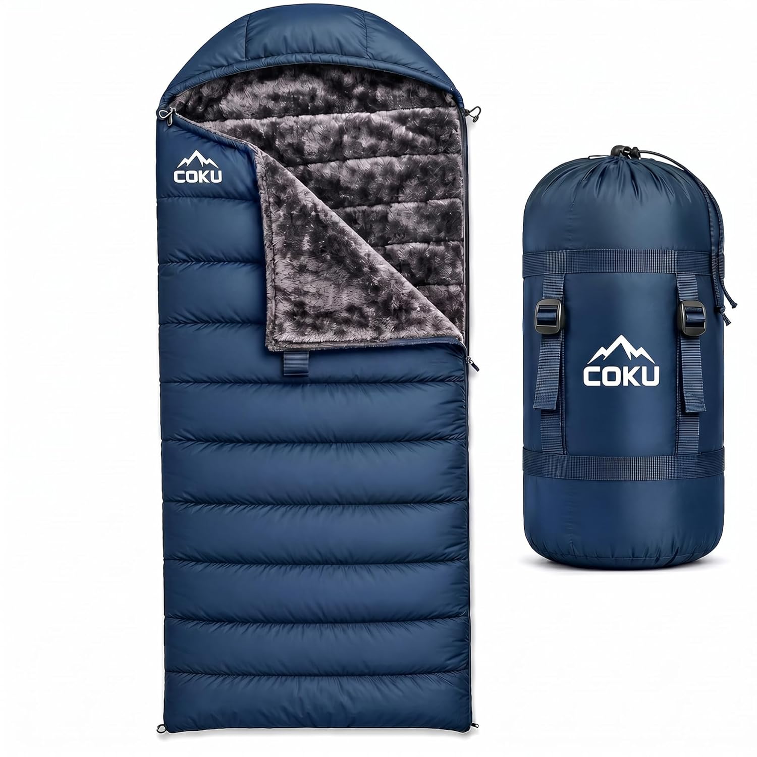 Coku Premium Camping Sleeping Bag, Up to 7.2 ft with Faux Fur Lining, Hooded Design, Lightweight & Compact with Fits Users Sleeping Bag (-5°C to +5°C) for Camping, Hiking & Travel (Blue)