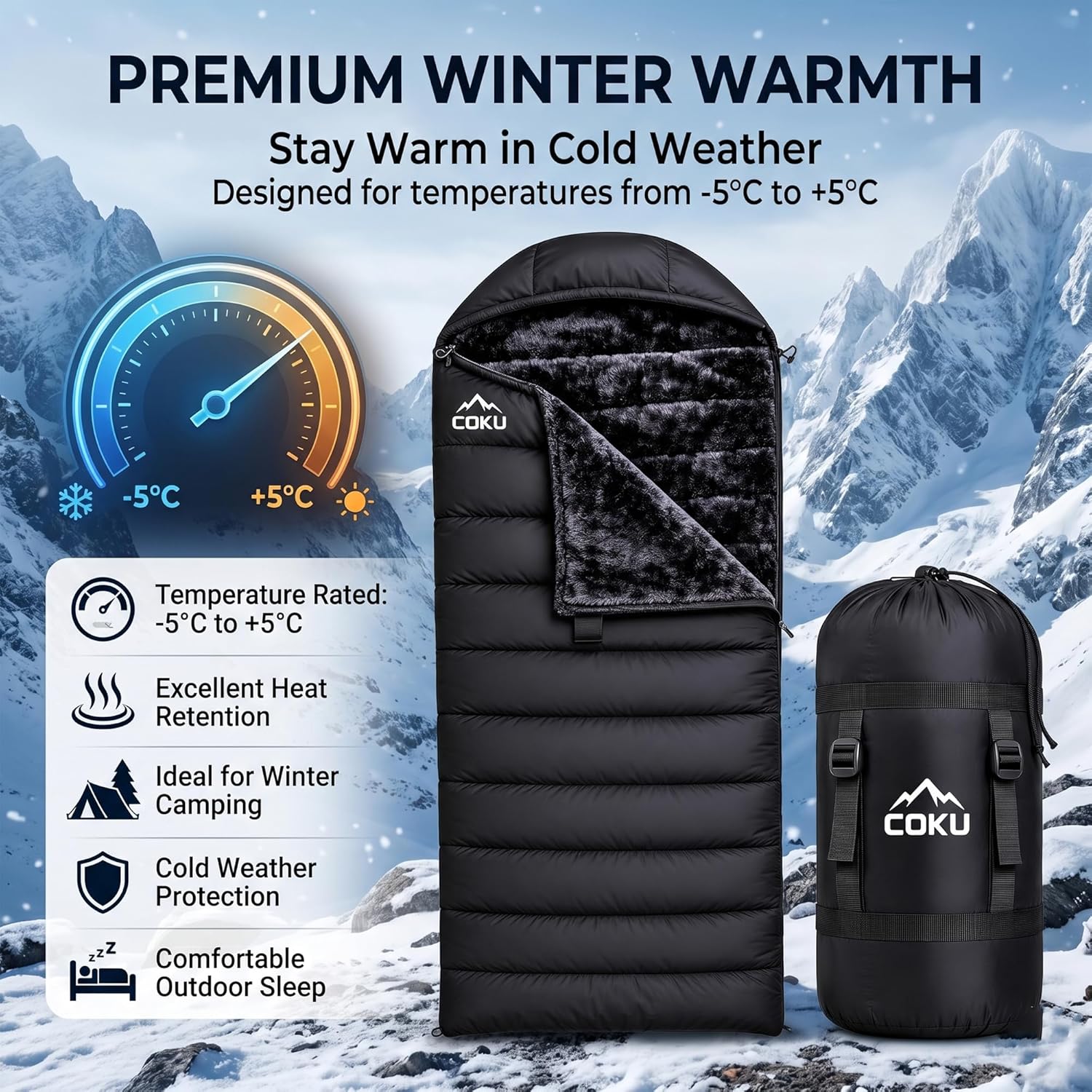 Coku Premium Camping Sleeping Bag, Up to 7.2 ft with Faux Fur Lining, Hooded Design, Lightweight & Compact with Fits Users Sleeping Bag (-5°C to +5°C) for Camping, Hiking & Travel (Black)