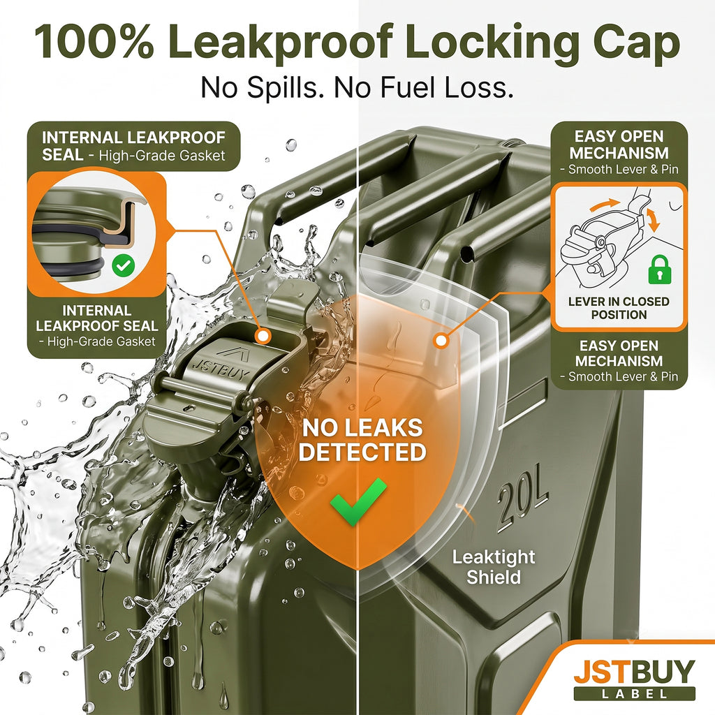 JSTBUY LABEL 20L Metal Jerry Can for Fuel, Petrol, Diesel & Water | Heavy Duty Leakproof Steel Fuel Can with Locking Cap | Rust Resistant Military Style Portable Oil Storage Container | Olive Green