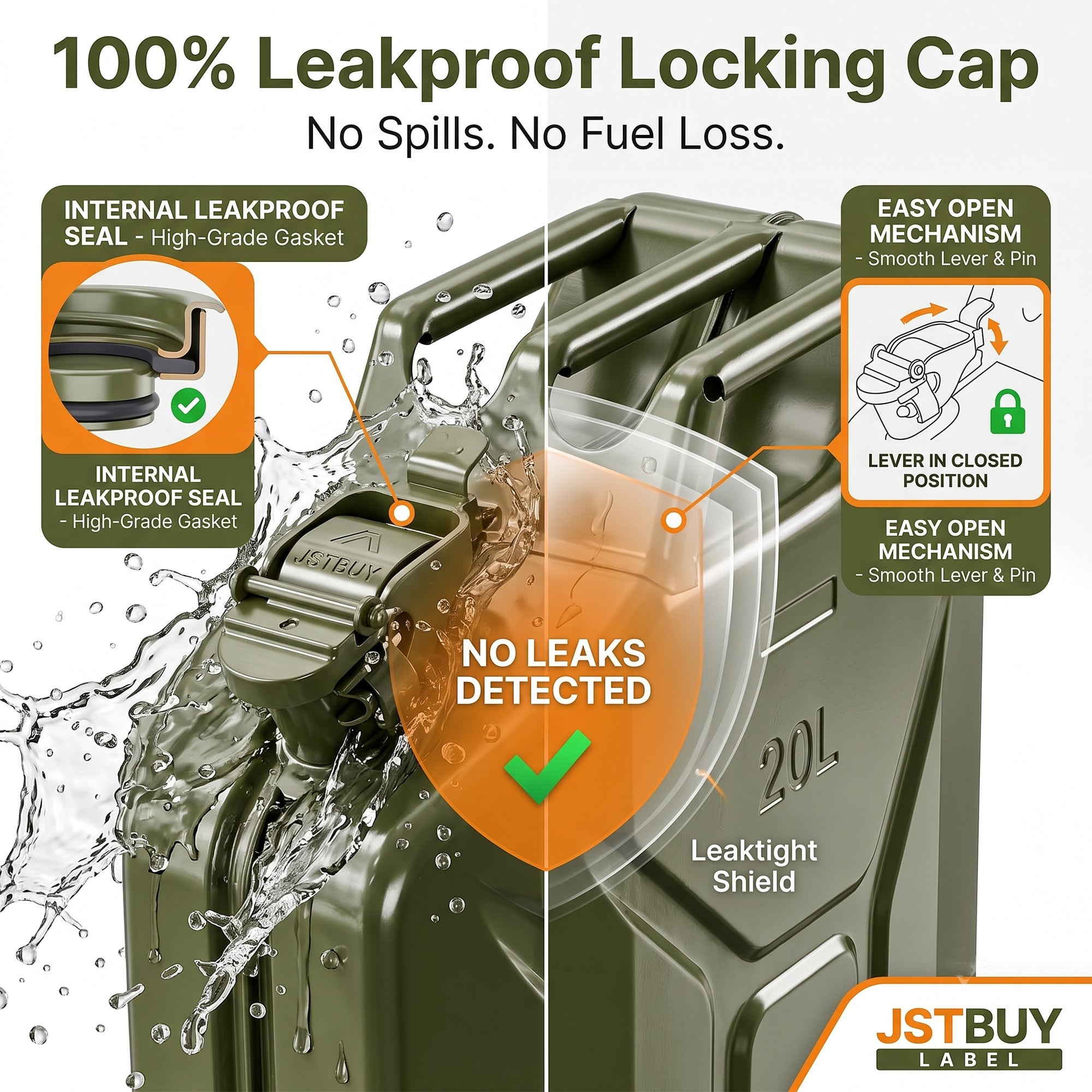 JSTBUY LABEL 20L Metal Jerry Can for Fuel, Petrol, Diesel & Water | Heavy Duty Leakproof Steel Fuel Can with Locking Cap | Rust Resistant Military Style Portable Oil Storage Container | Olive Green