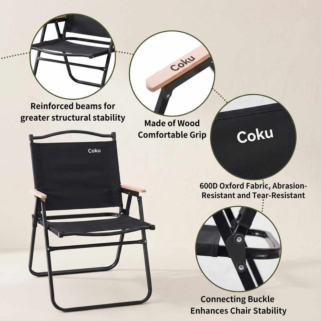 Coku Portable Folding Camping Chair for Adults | Wooden Armrest Camping Chair with Heavy Duty Aluminum Alloy Frame & Oxford Fabric | 150KG Capacity for Camping, Beach, Picnic, Fishing, BBQ & Travel