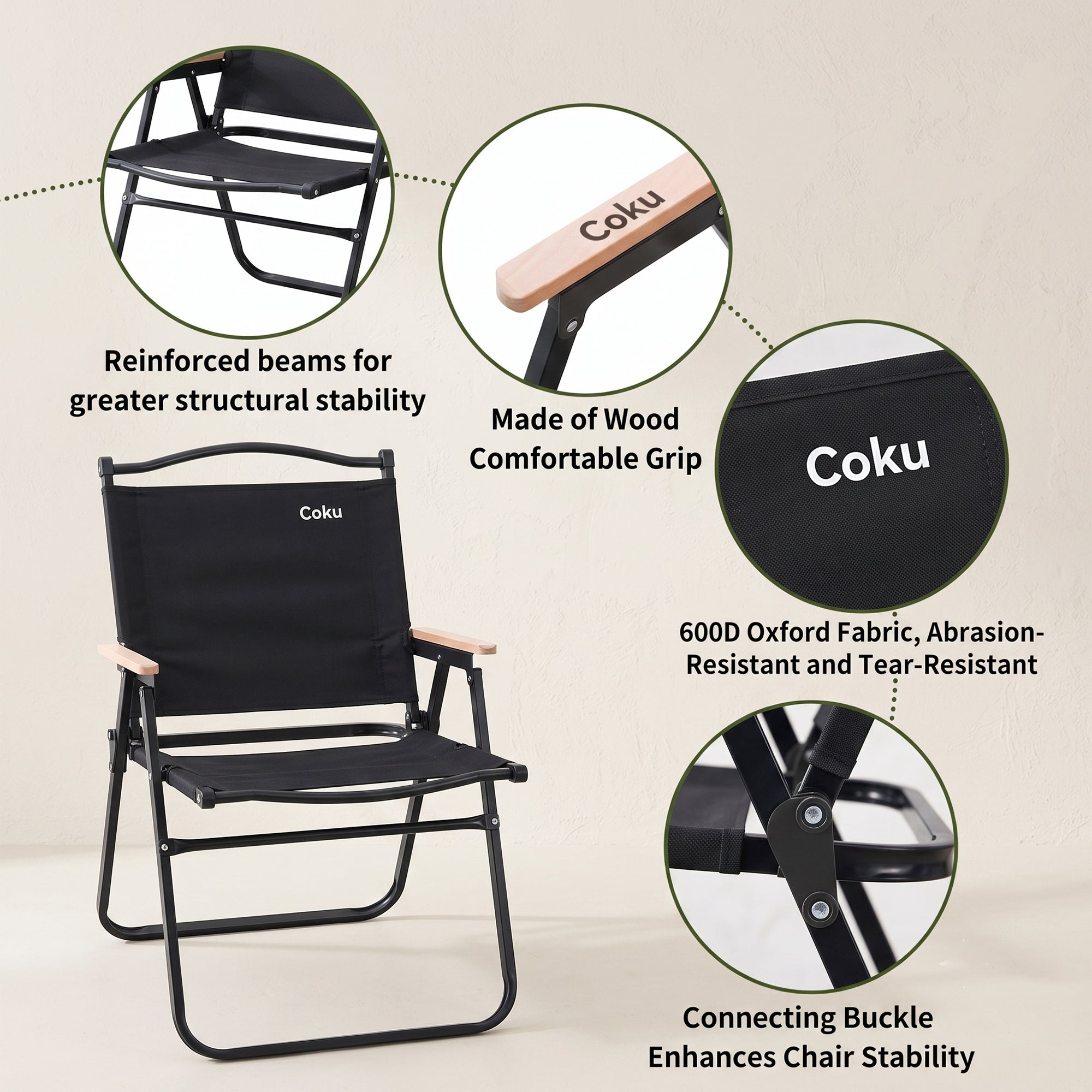 Coku Portable Folding Camping Chair for Adults | Wooden Armrest Camping Chair with Heavy Duty Aluminum Alloy Frame & Oxford Fabric | 150KG Capacity for Camping, Beach, Picnic, Fishing, BBQ & Travel