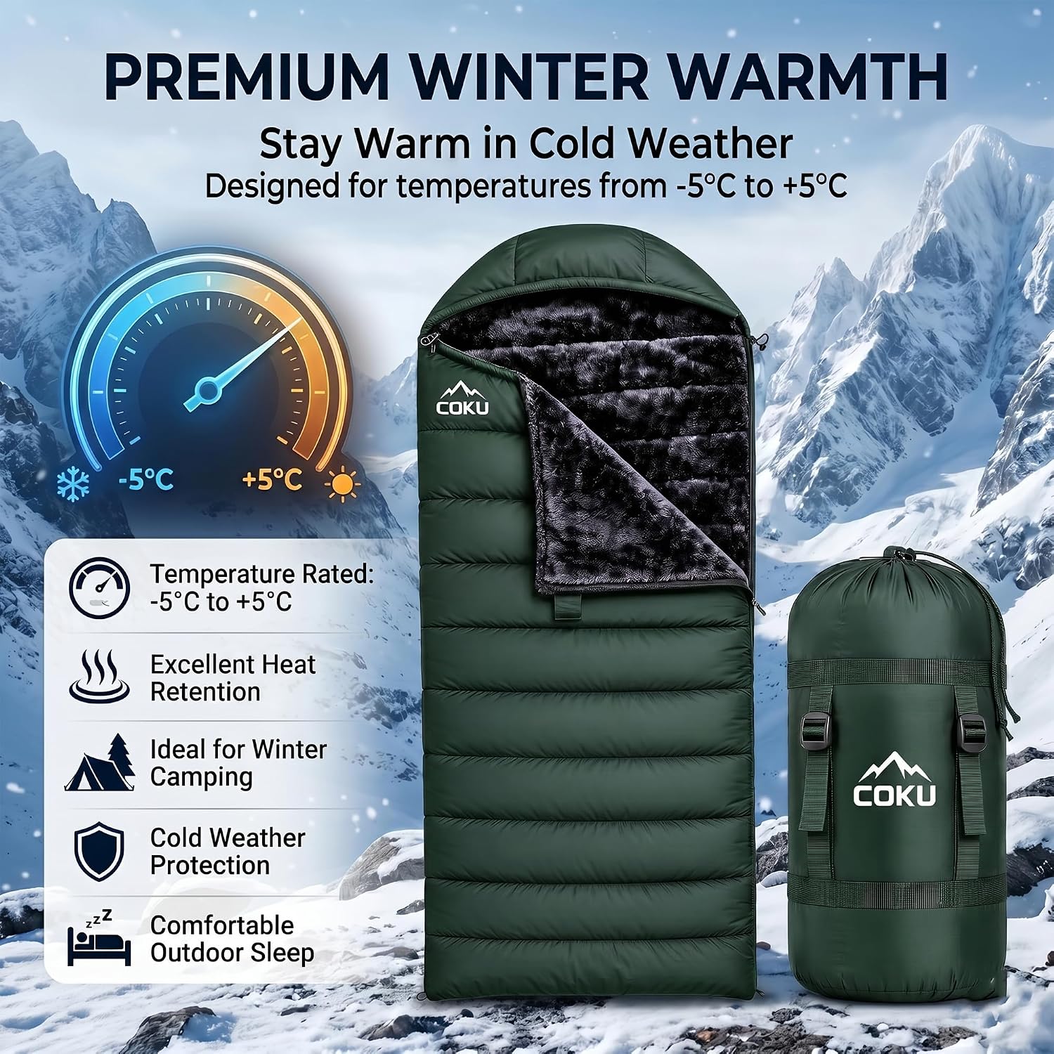 Coku Premium Camping Sleeping Bag, Up to 7.2 ft with Faux Fur Lining, Hooded Design, Lightweight & Compact with Fits Users Sleeping Bag (-5°C to +5°C) for Camping, Hiking & Travel (Green)