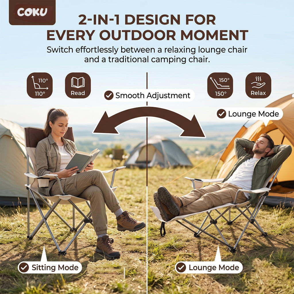 Coku Reclining Camping Chair with Detachable Foot Rest, Cup Holder & Side Storage Pocket, Foldable Portable Heavy Duty Lounge Chair for Beach, Fishing, Picnic, Garden