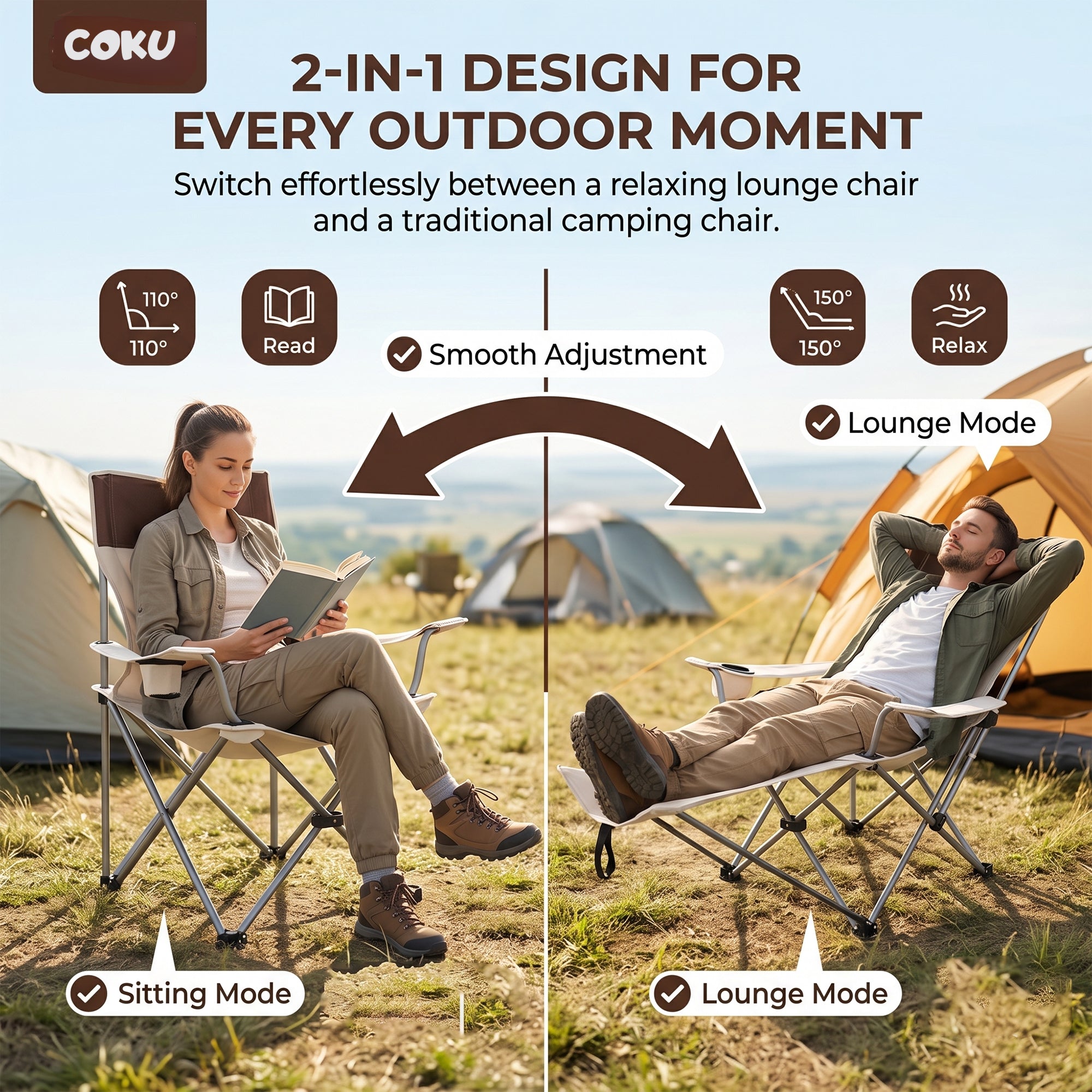 Coku Reclining Camping Chair with Detachable Foot Rest, Cup Holder & Side Storage Pocket, Foldable Portable Heavy Duty Lounge Chair for Beach, Fishing, Picnic, Garden
