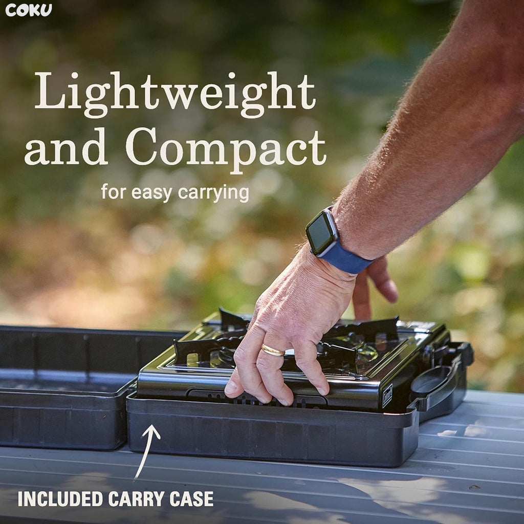 Coku Butane Gas Stove for Camping, Portable Single Burner Cooktop with Automatic Ignition, Flame Control, Safety Cartridge Lock, Carry Case, for Hiking, BBQ, Picnic