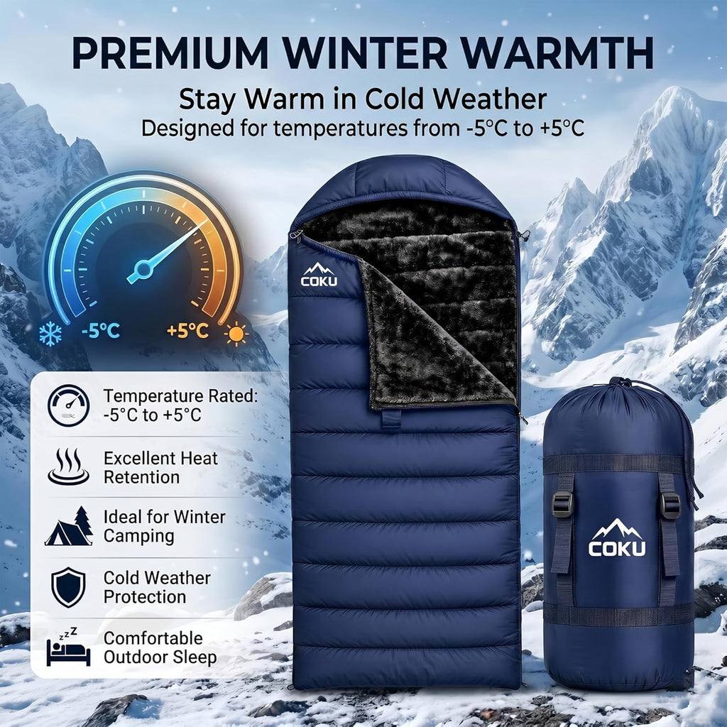 Coku Premium Camping Sleeping Bag, Up to 7.2 ft with Faux Fur Lining, Hooded Design, Lightweight & Compact with Fits Users Sleeping Bag (-5°C to +5°C) for Camping, Hiking & Travel (Blue)