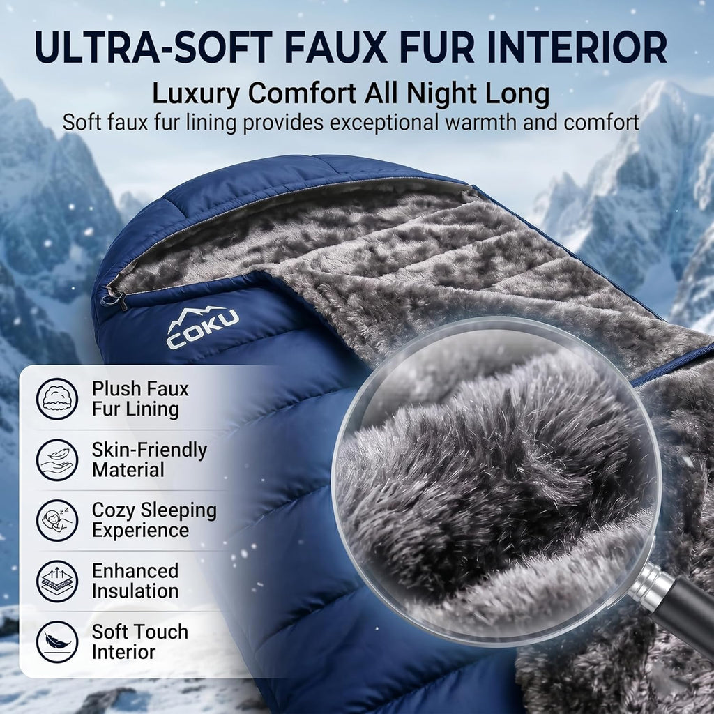 Coku Premium Camping Sleeping Bag, Up to 7.2 ft with Faux Fur Lining, Hooded Design, Lightweight & Compact with Fits Users Sleeping Bag (-5°C to +5°C) for Camping, Hiking & Travel (Blue)