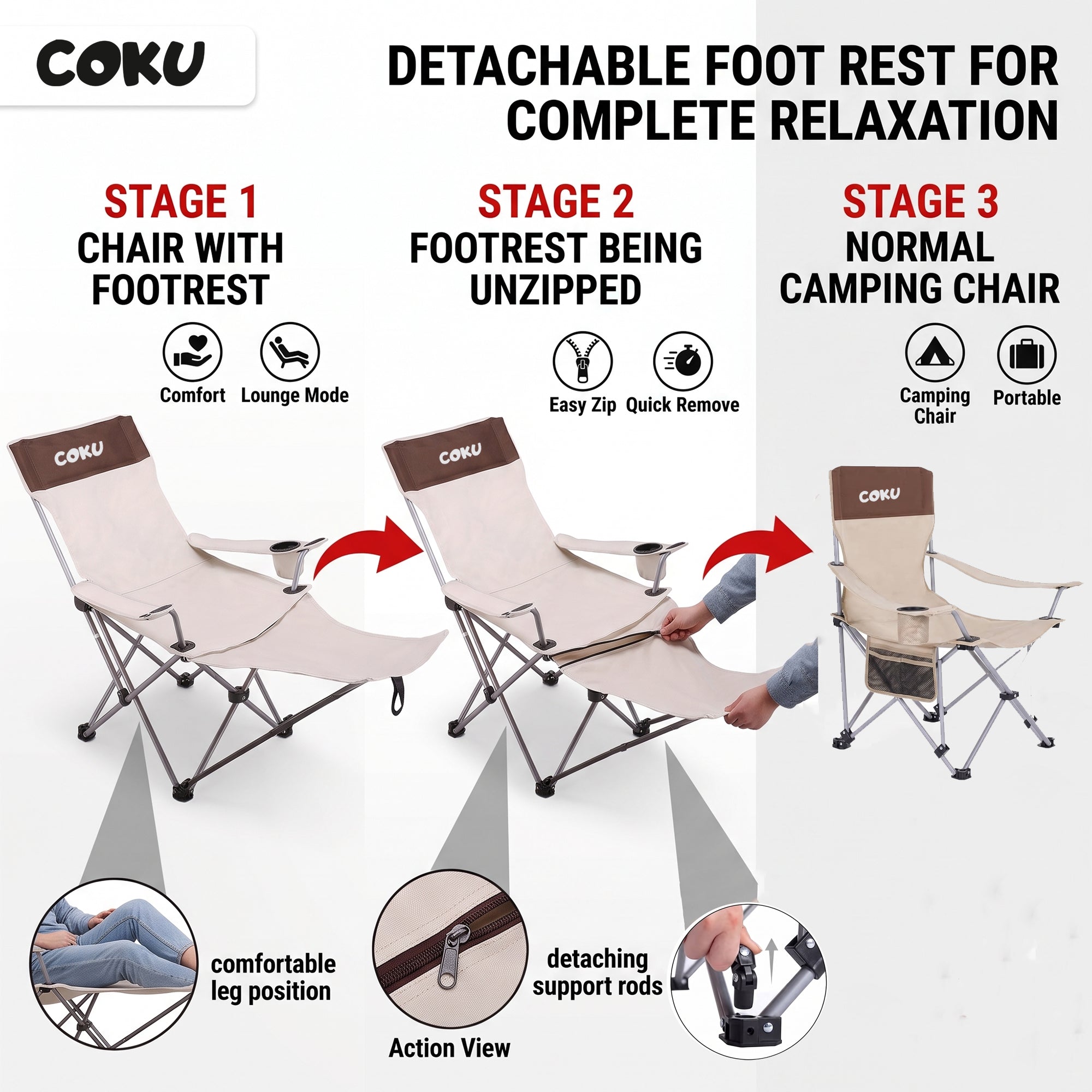 Coku Reclining Camping Chair with Detachable Foot Rest, Cup Holder & Side Storage Pocket, Foldable Portable Heavy Duty Lounge Chair for Beach, Fishing, Picnic, Garden