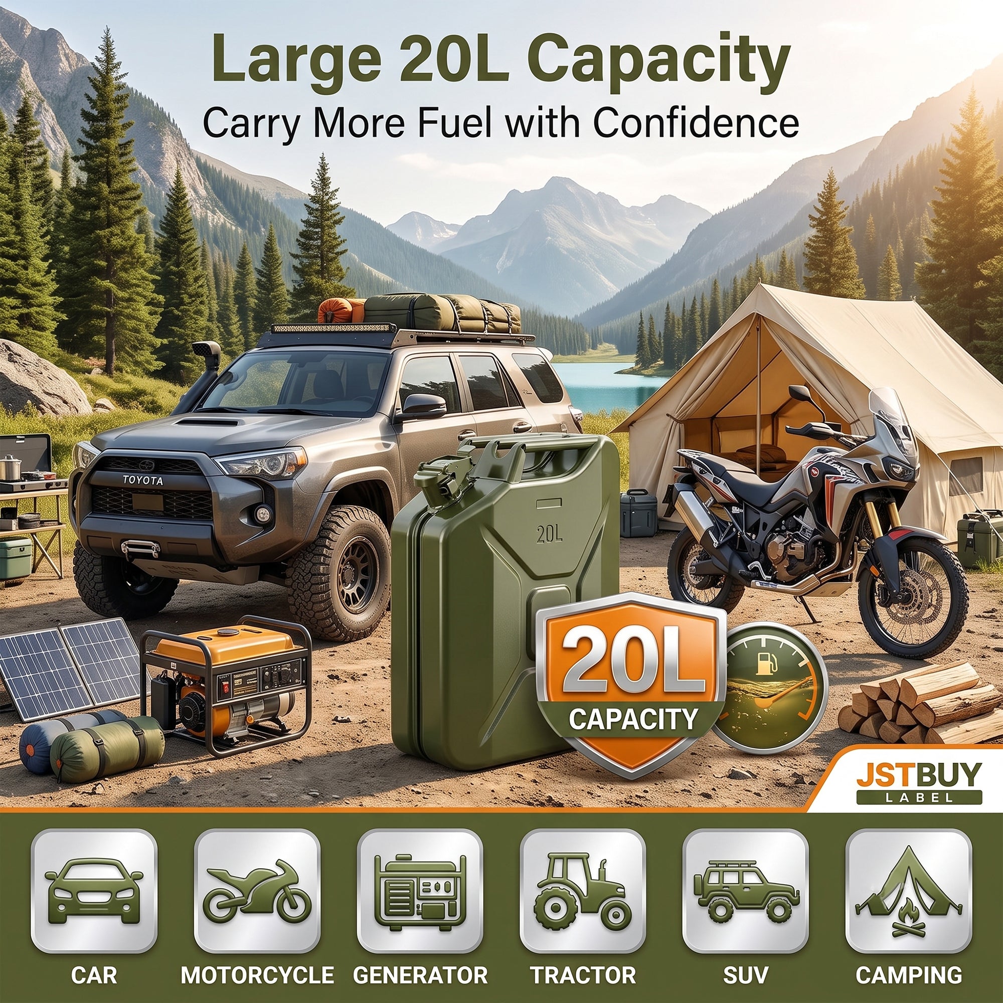 JSTBUY LABEL 20L Metal Jerry Can for Fuel, Petrol, Diesel & Water | Heavy Duty Leakproof Steel Fuel Can with Locking Cap | Rust Resistant Military Style Portable Oil Storage Container | Olive Green