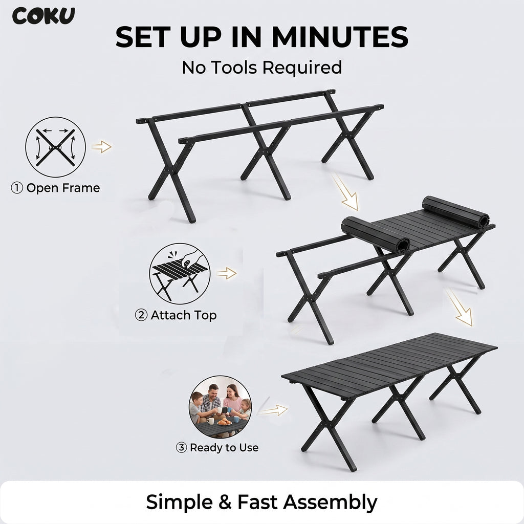 Coku Aluminum Folding Camping Table, Portable Roll-Up Picnic Table with Carry Bag, Lightweight Foldable Outdoor Table for Camping, Beach, BBQ, Fishing, Garden, Patio, Travel & Hiking