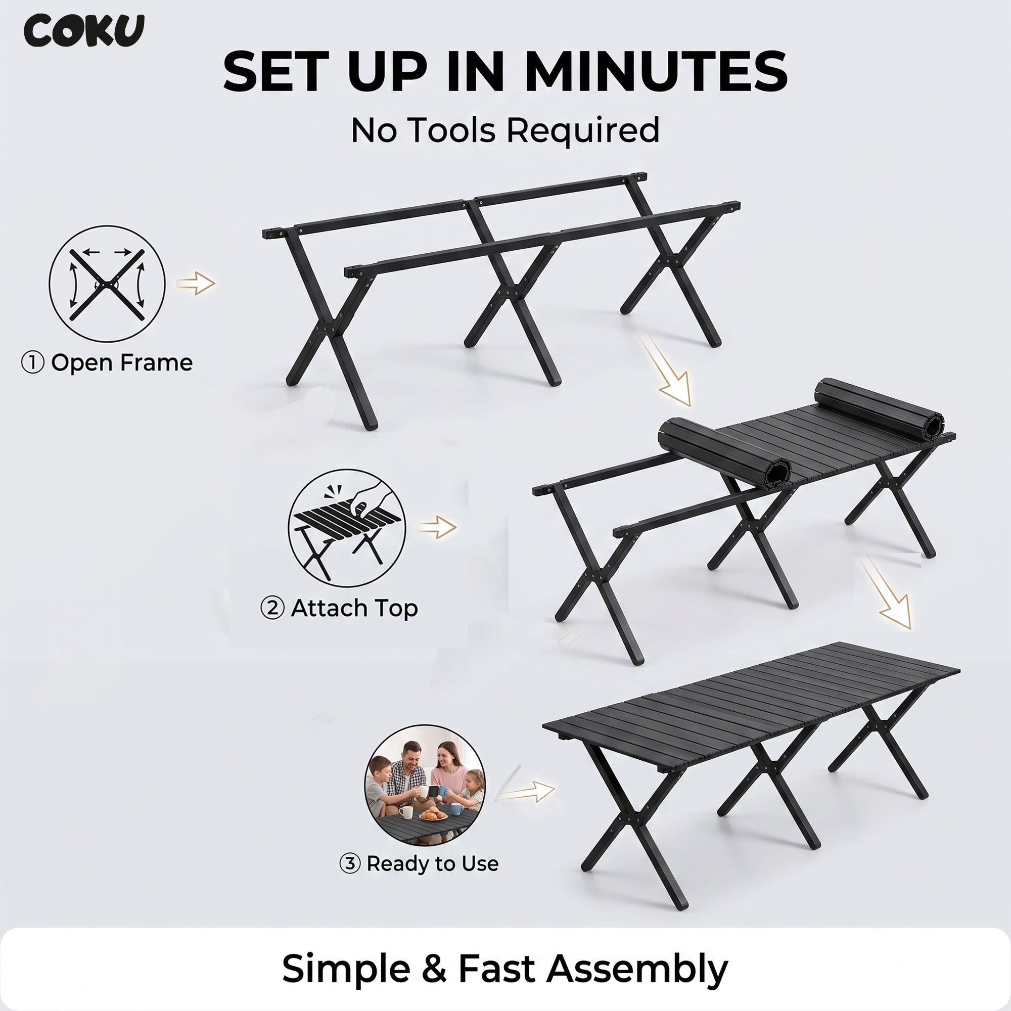 Coku Aluminum Folding Camping Table, Portable Roll-Up Picnic Table with Carry Bag, Lightweight Foldable Outdoor Table for Camping, Beach, BBQ, Fishing, Garden, Patio, Travel & Hiking