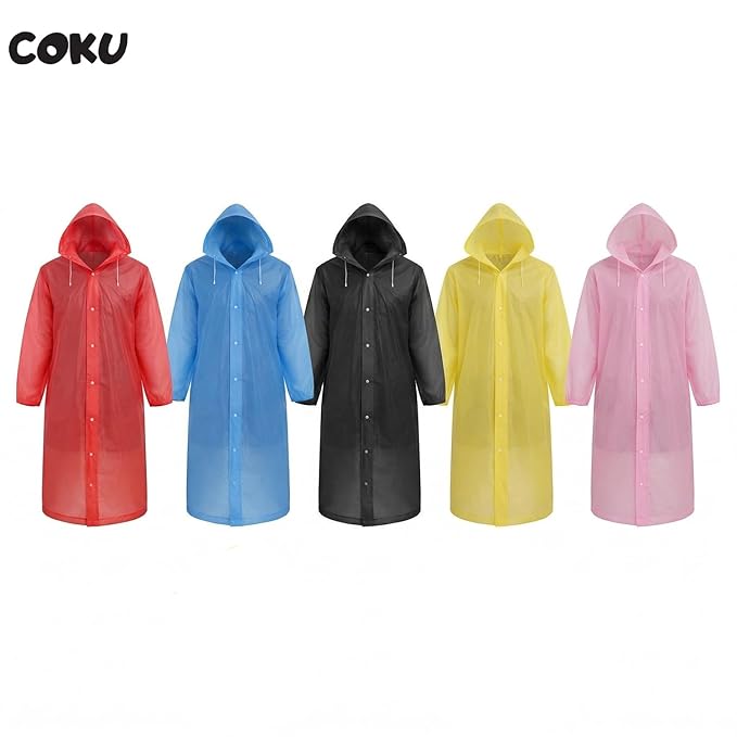 coku Waterproof Raincoat for Men & Women with Hood, lightweight long reusable rainwear, plastic rain jacket designed for travel, riding, outdoor use (Universal Size,1 Pc, Random Color)