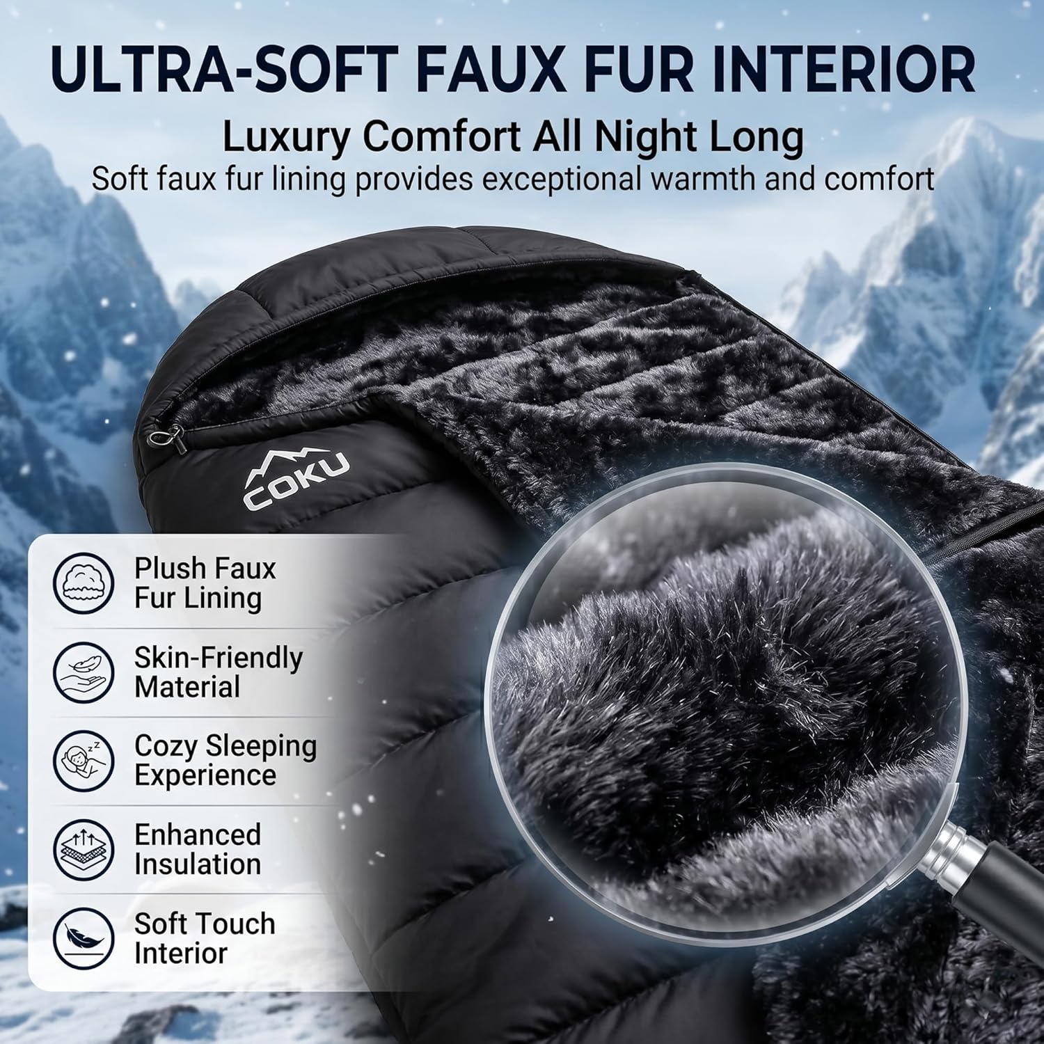 Coku Premium Camping Sleeping Bag, Up to 7.2 ft with Faux Fur Lining, Hooded Design, Lightweight & Compact with Fits Users Sleeping Bag (-5°C to +5°C) for Camping, Hiking & Travel (Black)