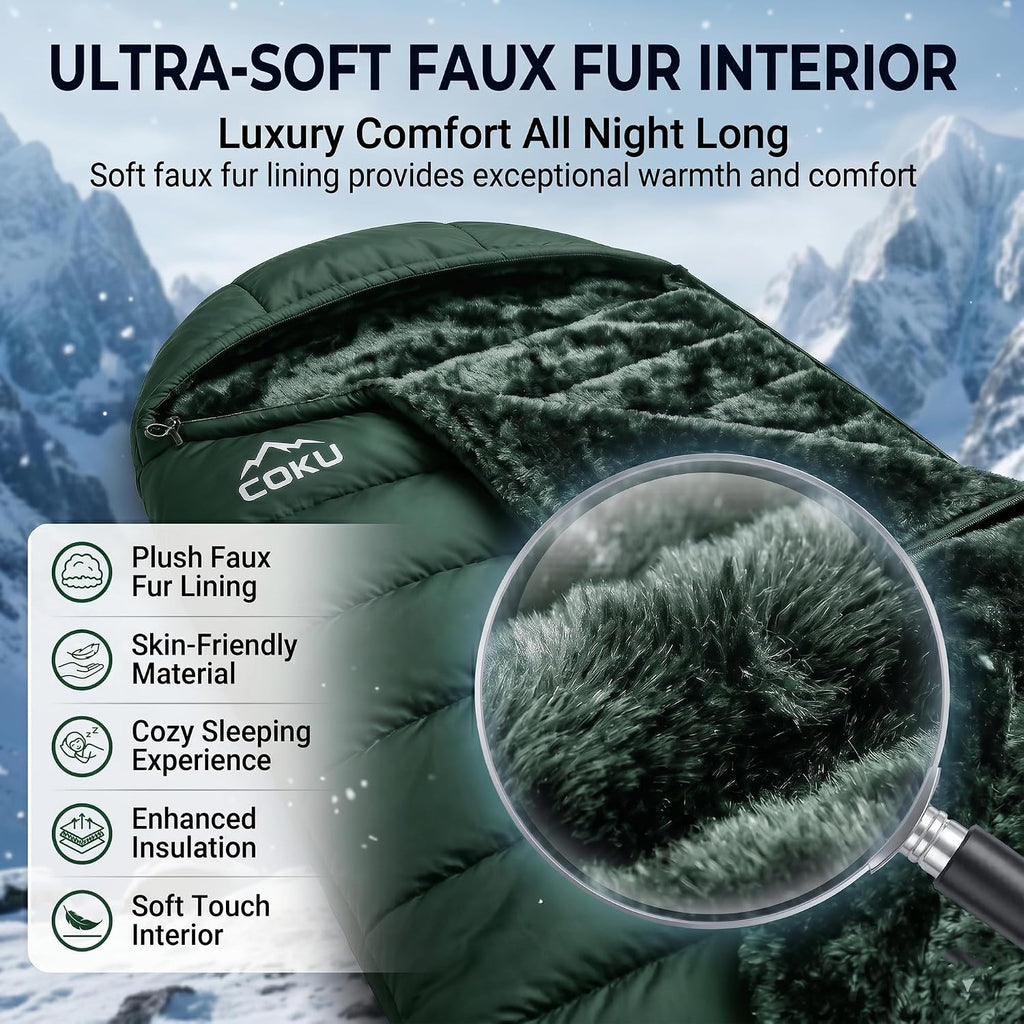 Coku Premium Camping Sleeping Bag, Up to 7.2 ft with Faux Fur Lining, Hooded Design, Lightweight & Compact with Fits Users Sleeping Bag (-5°C to +5°C) for Camping, Hiking & Travel (Green)