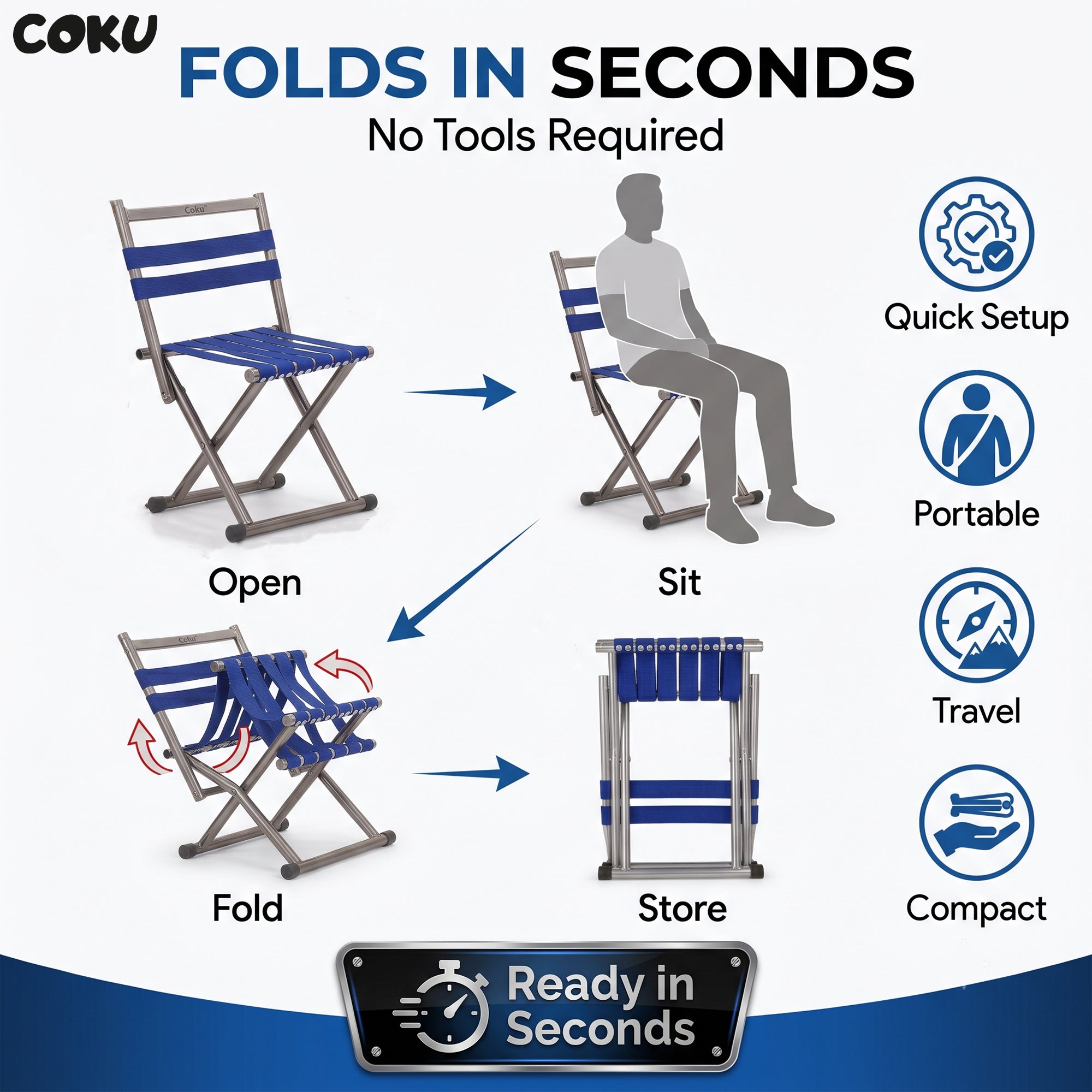 Coku 2 in 1 Folding Camping Chair & Stool, Heavy Duty Portable Metal Chair with Oxford Fabric Seat, Lightweight Foldable Outdoor Chair for Camping, Fishing, Hiking, Beach, Picnic, Garden & Travel