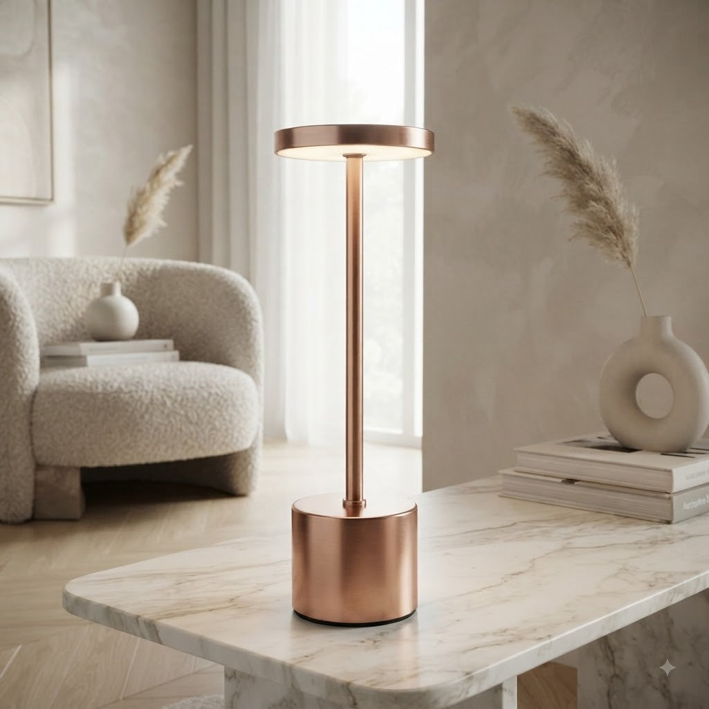 Cordless LED Table Lamp, Rechargeable Modern Minimalist Touch Control Desk Lamp with Rose-Gold Metallic Finish, Portable Ambient Light for Living Room, Bedroom, and Dining Table