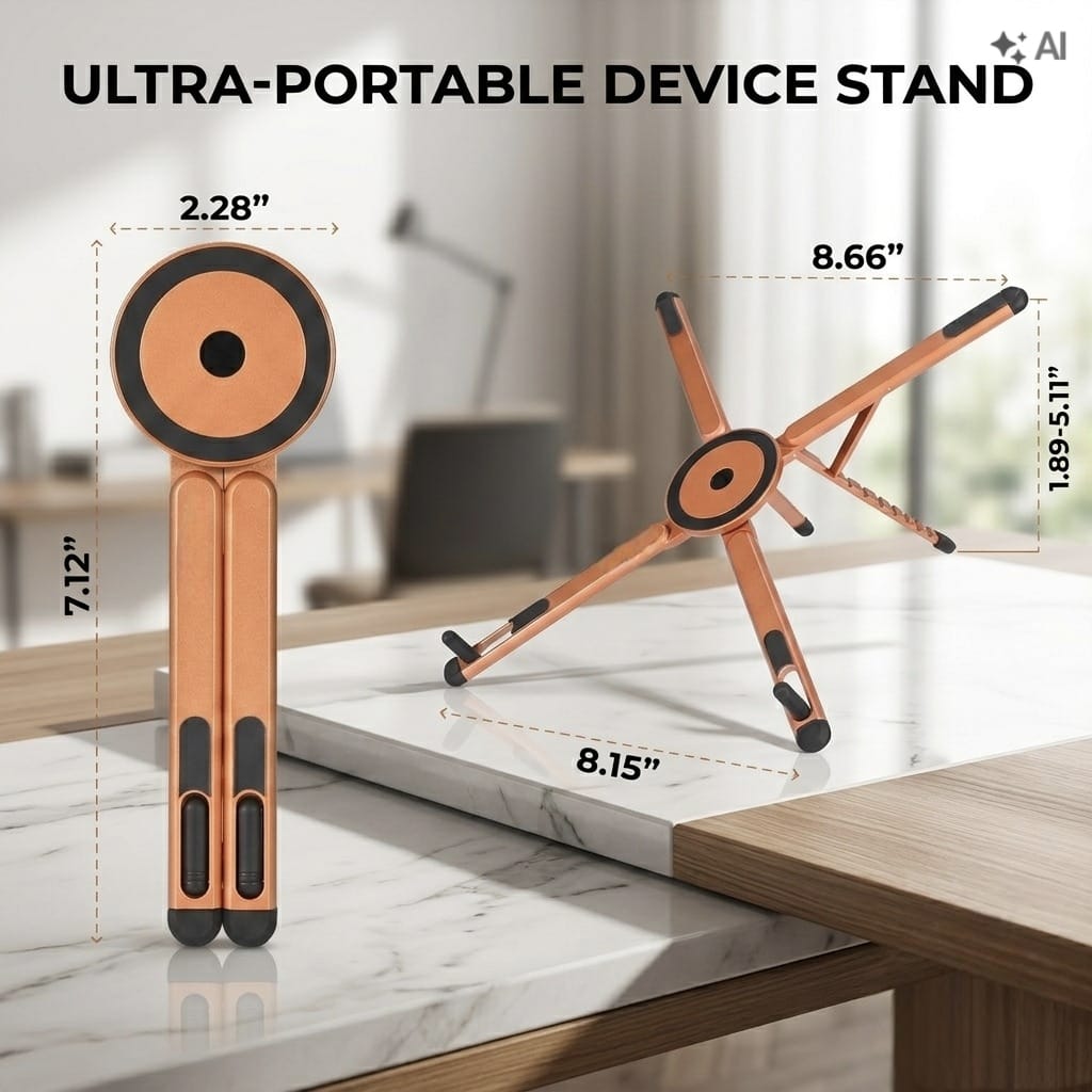 Coku 5-in-1 Portable Foldable Laptop Stand, Aluminum Alloy Adjustable Height Stand with Magnetic Phone Holder for MacBook, Tablets & Smartphones, Travel-Friendly Stand