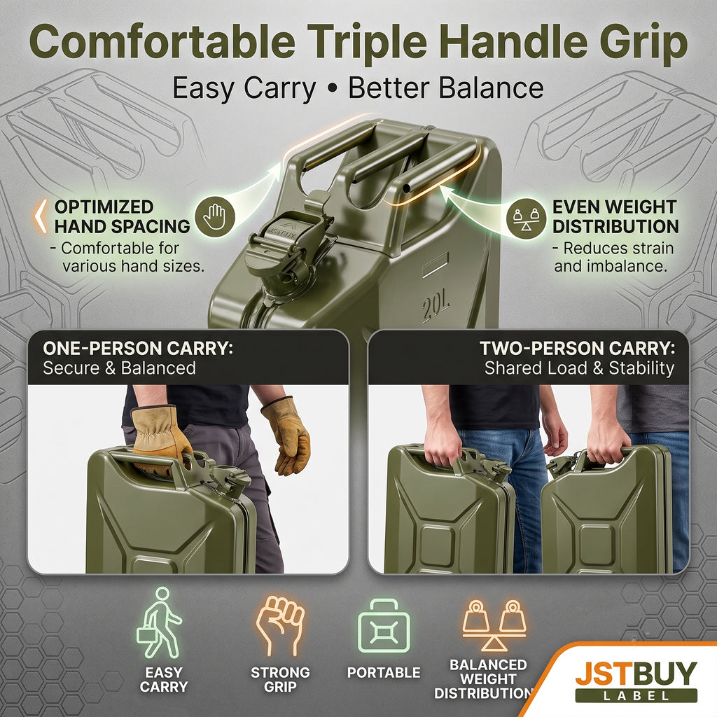 JSTBUY LABEL 20L Metal Jerry Can for Fuel, Petrol, Diesel & Water | Heavy Duty Leakproof Steel Fuel Can with Locking Cap | Rust Resistant Military Style Portable Oil Storage Container | Olive Green