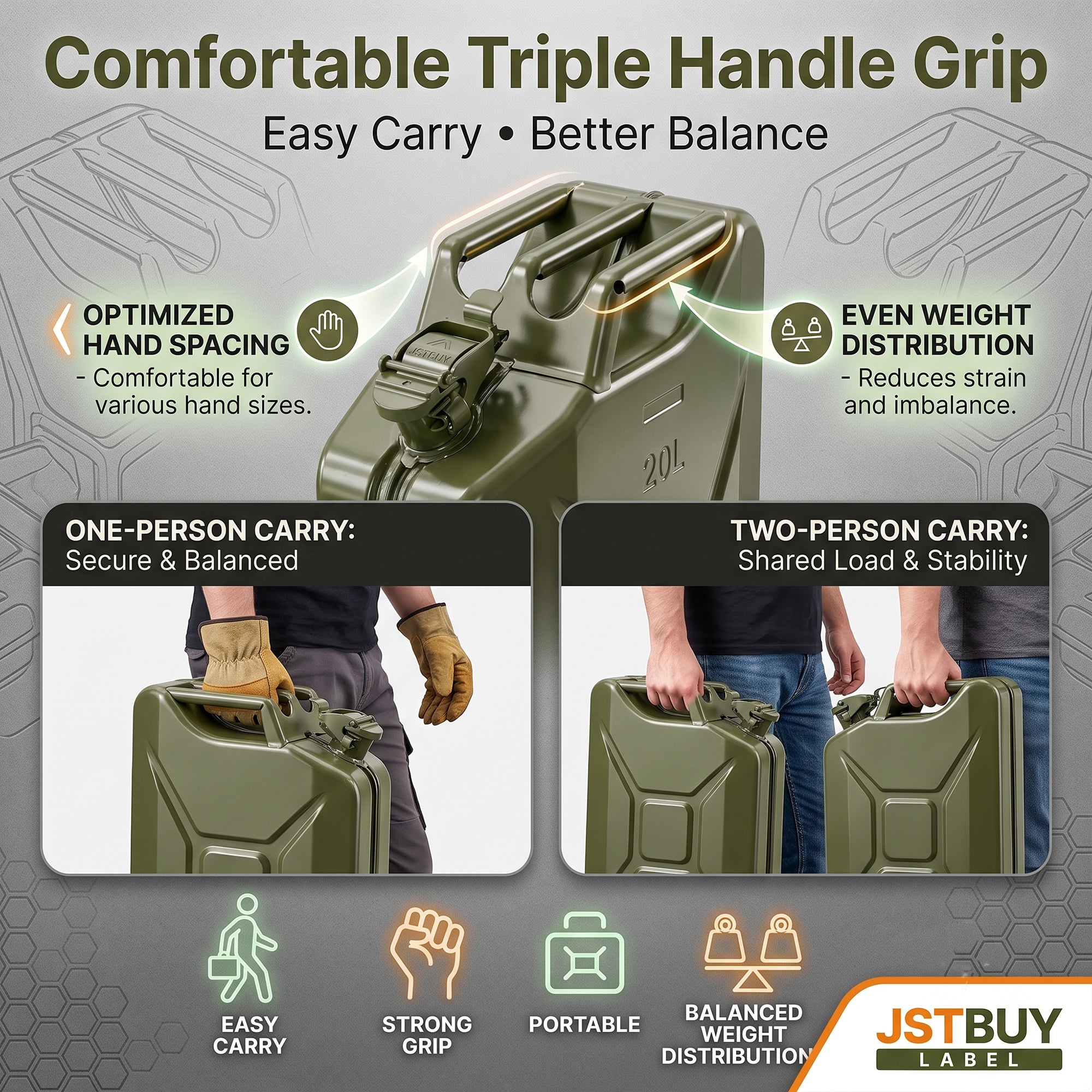 JSTBUY LABEL 20L Metal Jerry Can for Fuel, Petrol, Diesel & Water | Heavy Duty Leakproof Steel Fuel Can with Locking Cap | Rust Resistant Military Style Portable Oil Storage Container | Olive Green