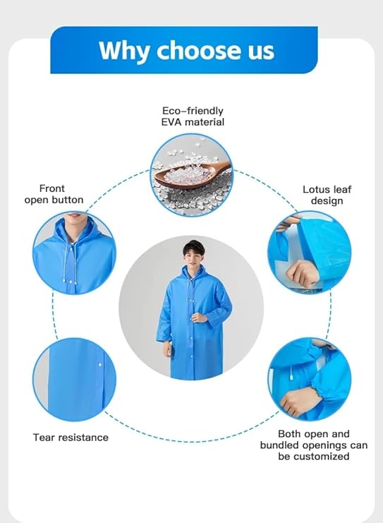 coku Waterproof Raincoat for Men & Women with Hood, lightweight long reusable rainwear, plastic rain jacket designed for travel, riding, outdoor use (Universal Size,1 Pc, Random Color)