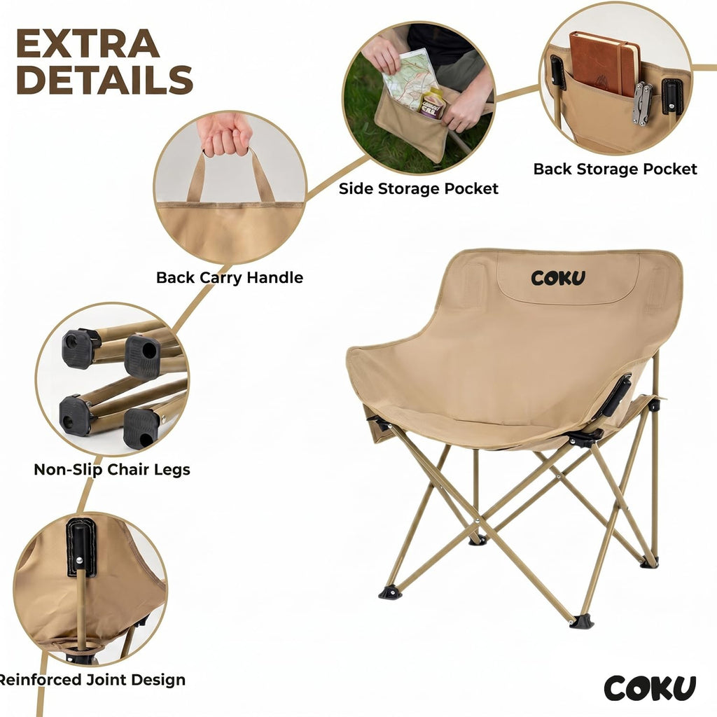 coku Foldable Camping Chair for Adults | Lightweight Portable Outdoor Chair with Side Pocket & Carry Bag | Carbon Steel Frame, 120kg Capacity | 600D Oxford Fabric for Camping, Beach & Travel