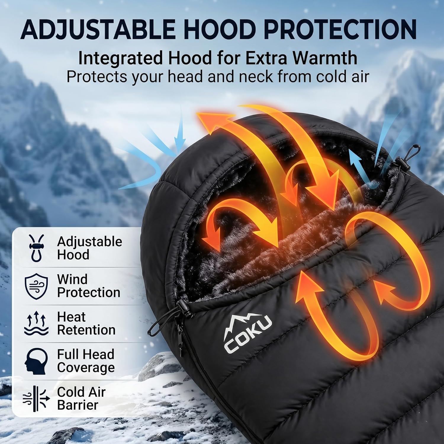 Coku Premium Camping Sleeping Bag, Up to 7.2 ft with Faux Fur Lining, Hooded Design, Lightweight & Compact with Fits Users Sleeping Bag (-5°C to +5°C) for Camping, Hiking & Travel (Black)