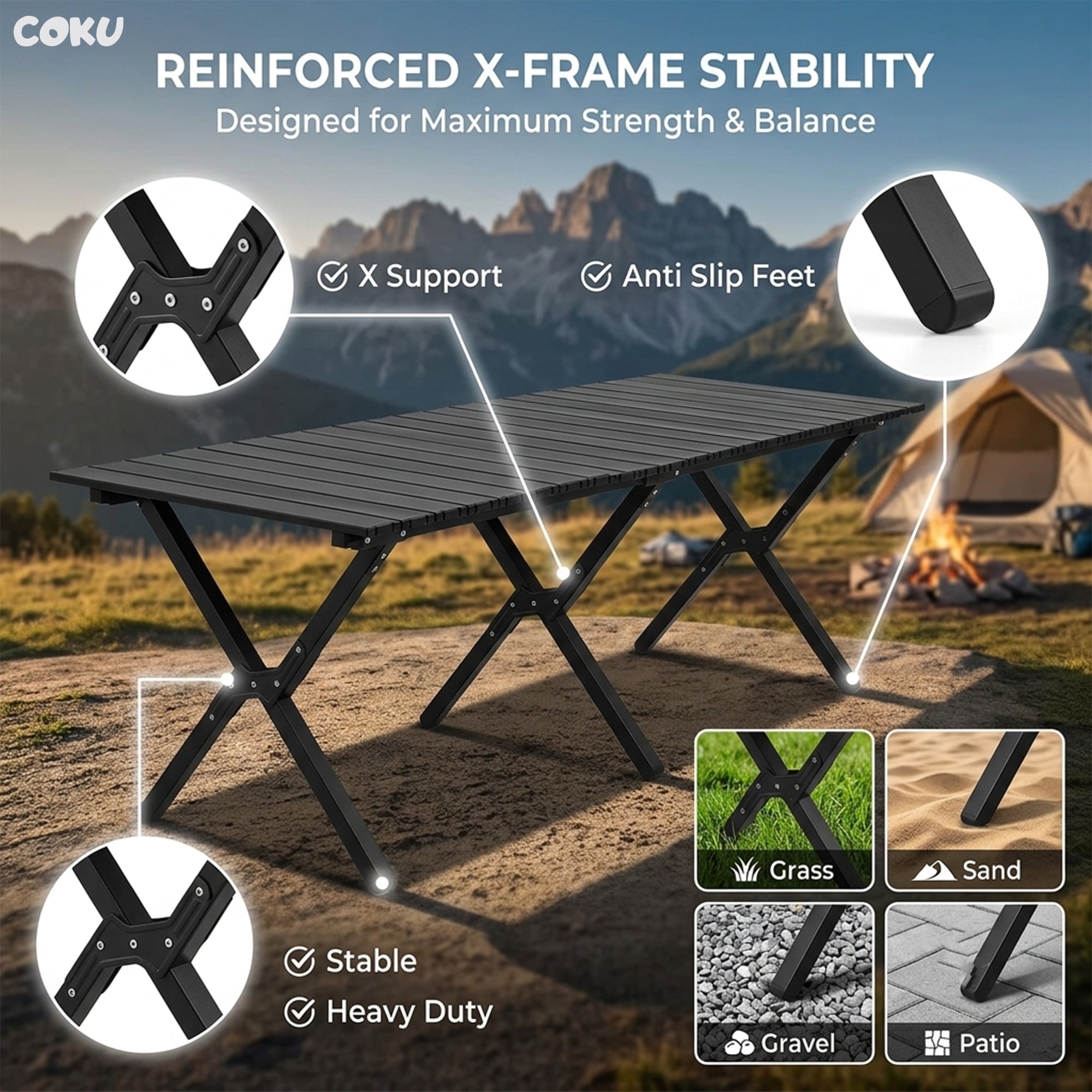 Coku Aluminum Folding Camping Table, Portable Roll-Up Picnic Table with Carry Bag, Lightweight Foldable Outdoor Table for Camping, Beach, BBQ, Fishing, Garden, Patio, Travel & Hiking