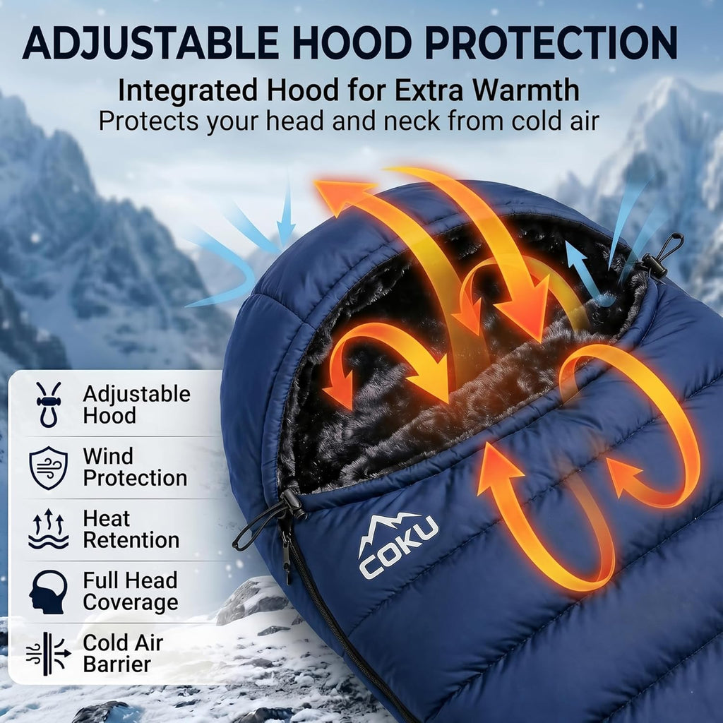 Coku Premium Camping Sleeping Bag, Up to 7.2 ft with Faux Fur Lining, Hooded Design, Lightweight & Compact with Fits Users Sleeping Bag (-5°C to +5°C) for Camping, Hiking & Travel (Blue)