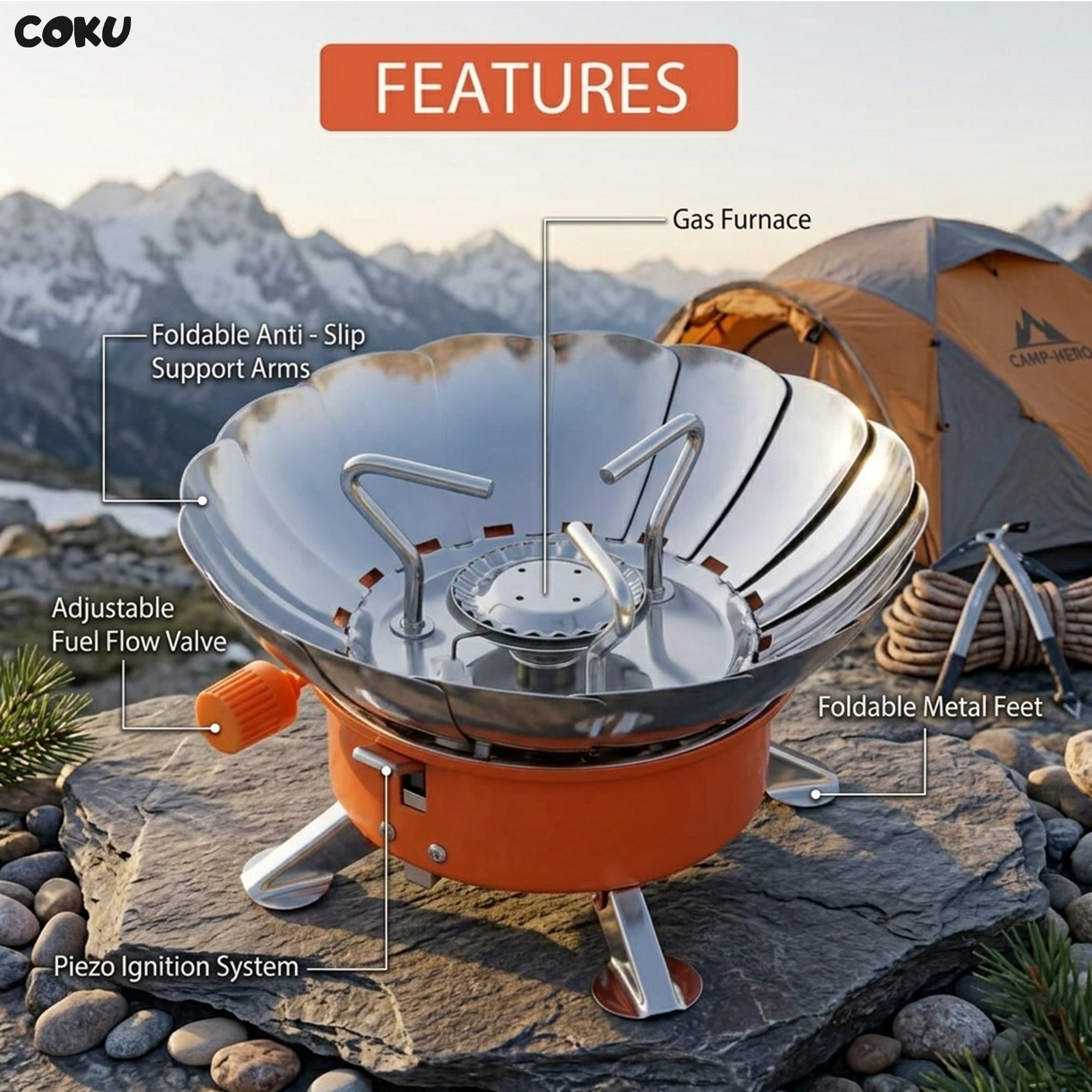 Coku Windproof Camping Gas Stove, Portable Lotus Shape Burner, Stainless Steel, Foldable Lightweight for Hiking, Trekking, Picnic, BBQ and Fishing