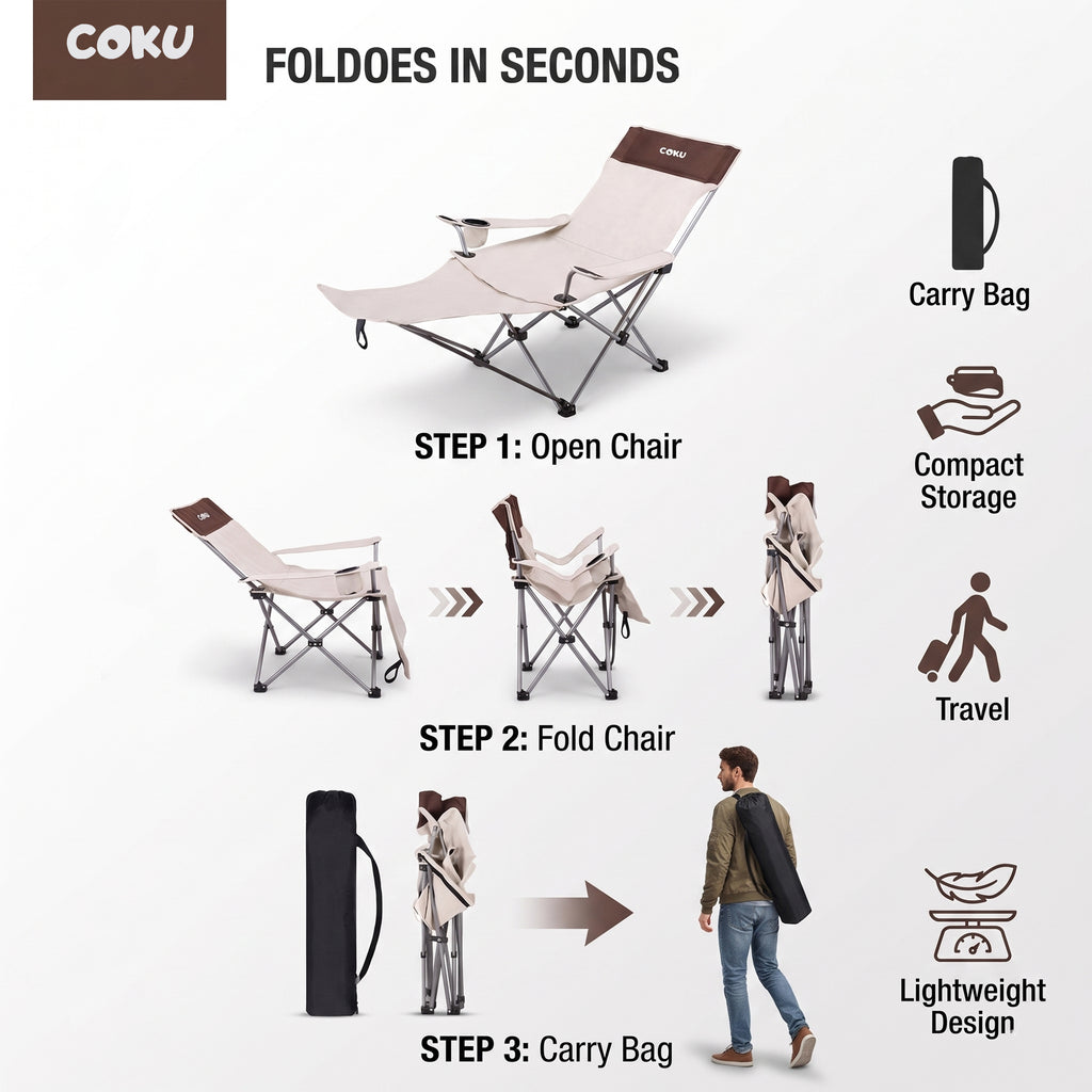 Coku Reclining Camping Chair with Detachable Foot Rest, Cup Holder & Side Storage Pocket, Foldable Portable Heavy Duty Lounge Chair for Beach, Fishing, Picnic, Garden