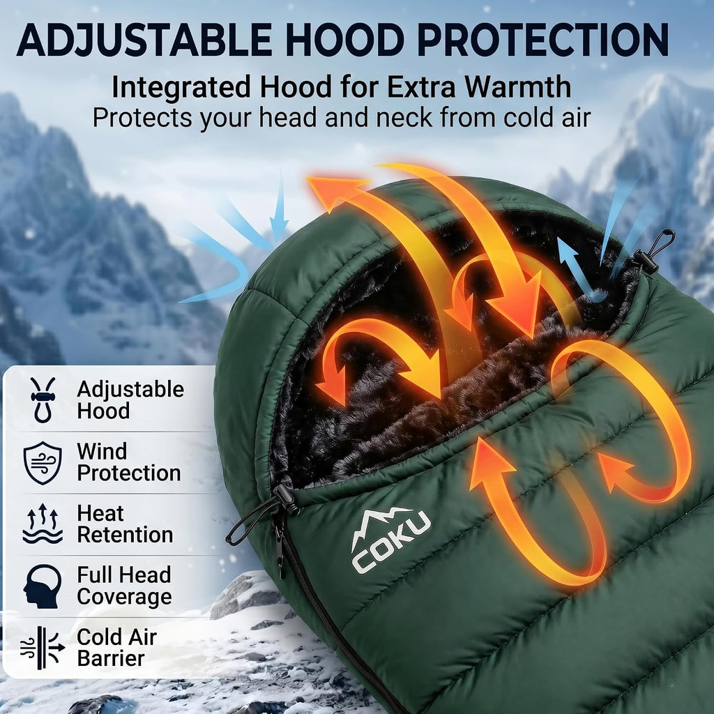 Coku Premium Camping Sleeping Bag, Up to 7.2 ft with Faux Fur Lining, Hooded Design, Lightweight & Compact with Fits Users Sleeping Bag (-5°C to +5°C) for Camping, Hiking & Travel (Green)
