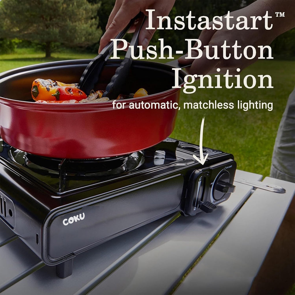 Coku Butane Gas Stove for Camping, Portable Single Burner Cooktop with Automatic Ignition, Flame Control, Safety Cartridge Lock, Carry Case, for Hiking, BBQ, Picnic