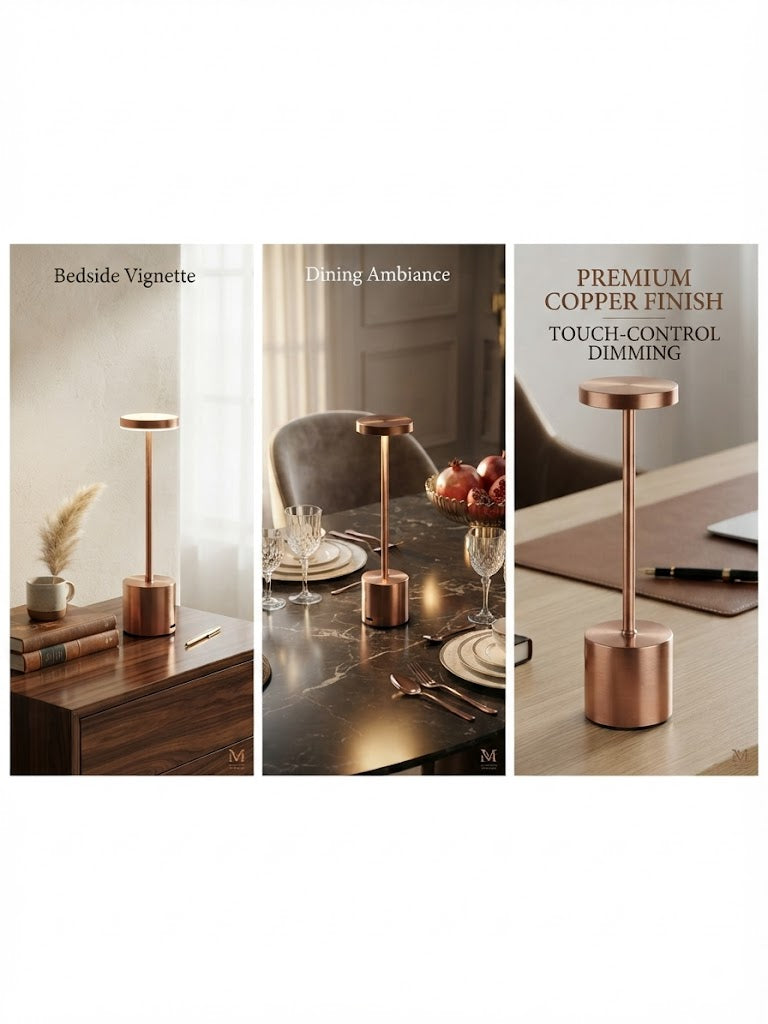 Cordless LED Table Lamp, Rechargeable Modern Minimalist Touch Control Desk Lamp with Rose-Gold Metallic Finish, Portable Ambient Light for Living Room, Bedroom, and Dining Table