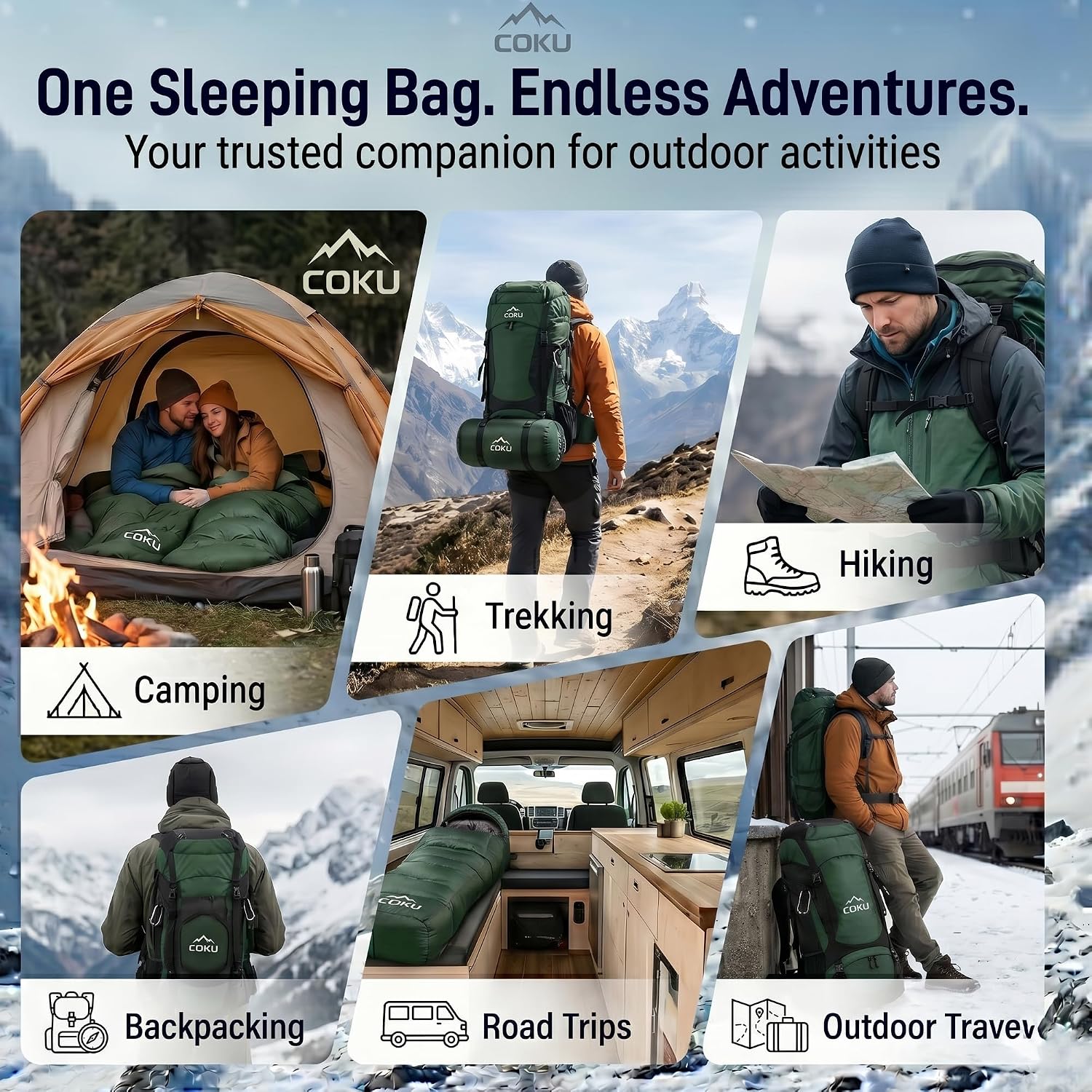 Coku Premium Camping Sleeping Bag, Up to 7.2 ft with Faux Fur Lining, Hooded Design, Lightweight & Compact with Fits Users Sleeping Bag (-5°C to +5°C) for Camping, Hiking & Travel (Green)