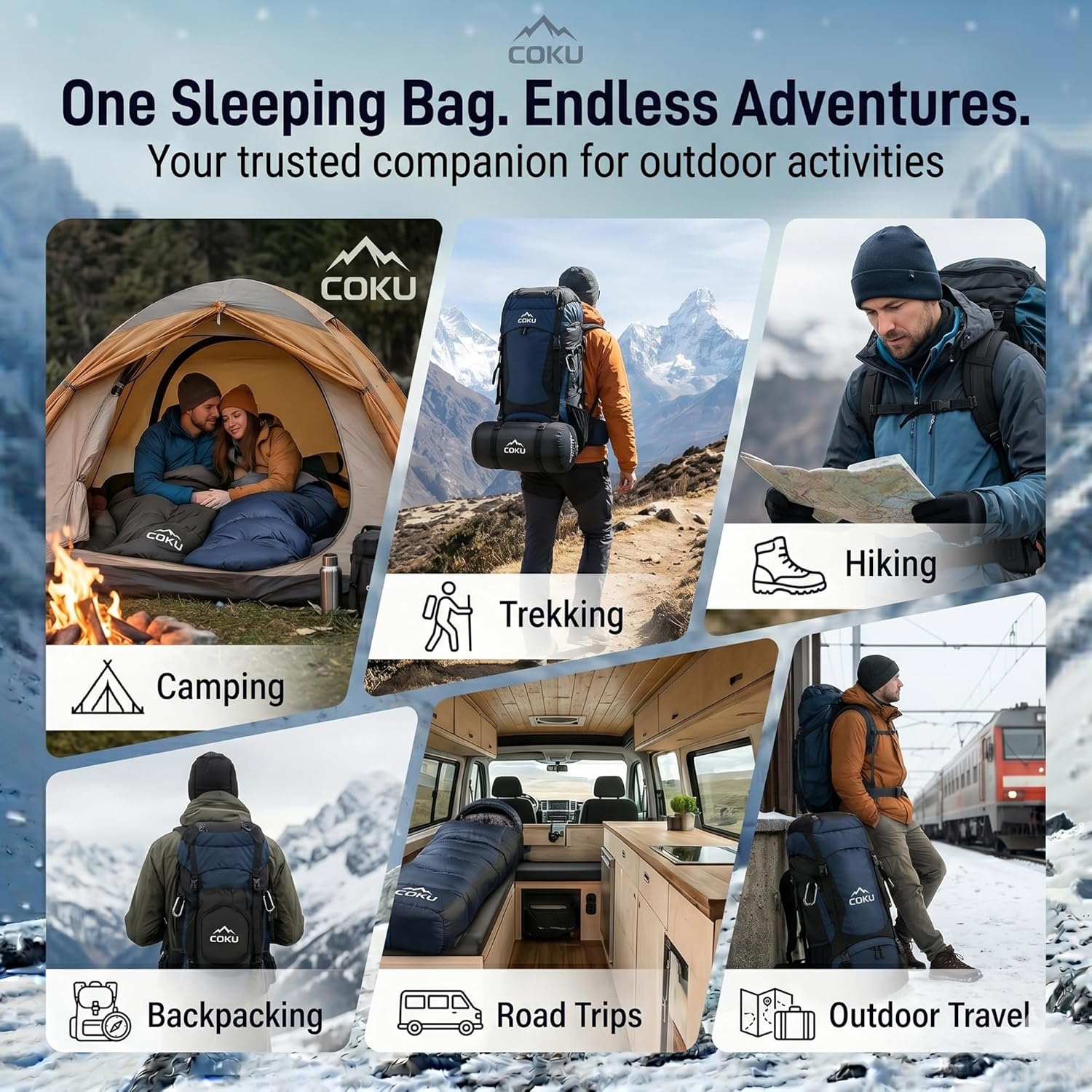 Coku Premium Camping Sleeping Bag, Up to 7.2 ft with Faux Fur Lining, Hooded Design, Lightweight & Compact with Fits Users Sleeping Bag (-5°C to +5°C) for Camping, Hiking & Travel (Black)