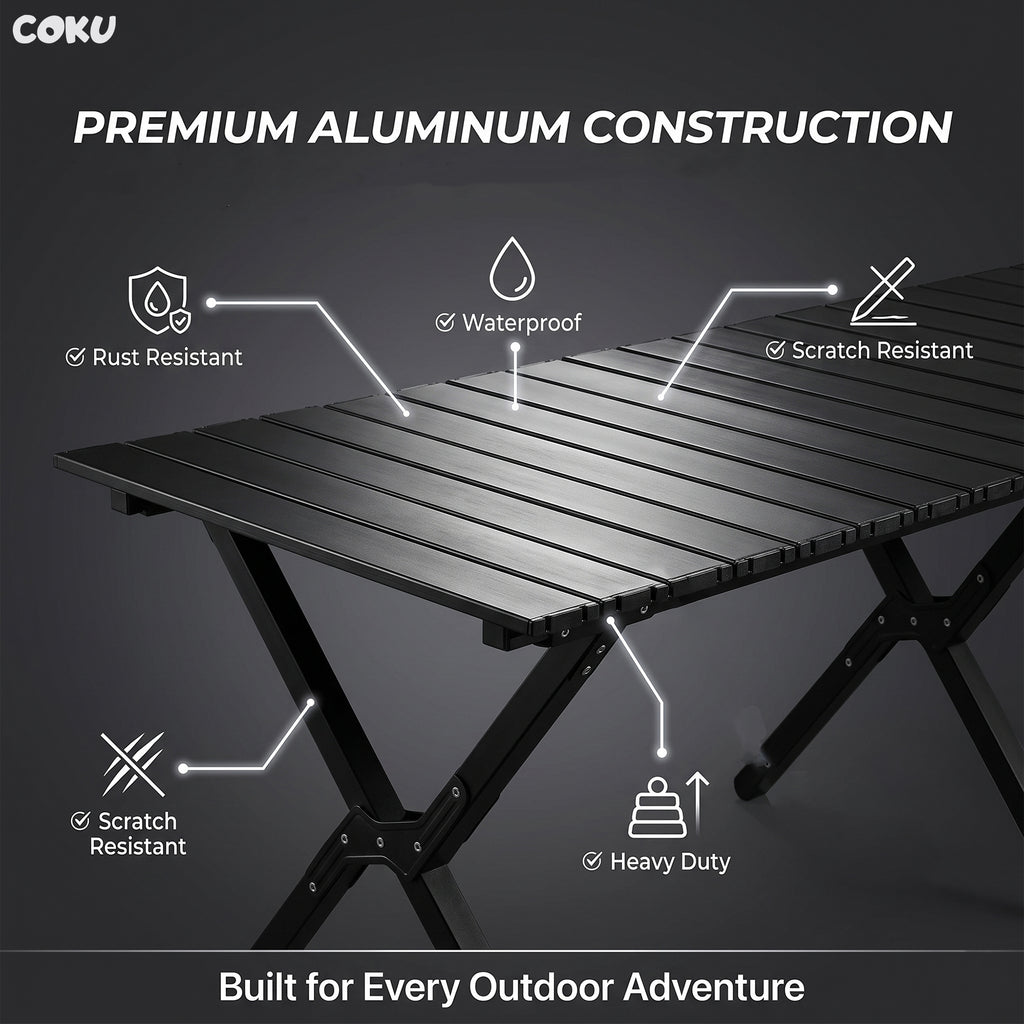 Coku Aluminum Folding Camping Table, Portable Roll-Up Picnic Table with Carry Bag, Lightweight Foldable Outdoor Table for Camping, Beach, BBQ, Fishing, Garden, Patio, Travel & Hiking