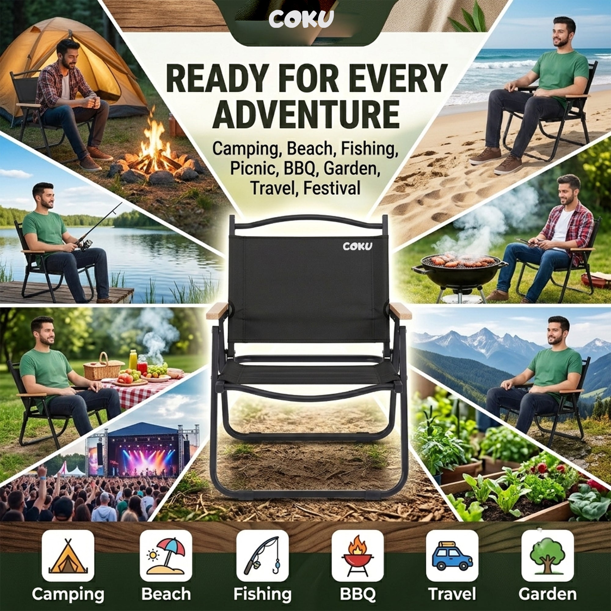 Coku Portable Folding Camping Chair for Adults | Wooden Armrest Camping Chair with Heavy Duty Aluminum Alloy Frame & Oxford Fabric | 150KG Capacity for Camping, Beach, Picnic, Fishing, BBQ & Travel