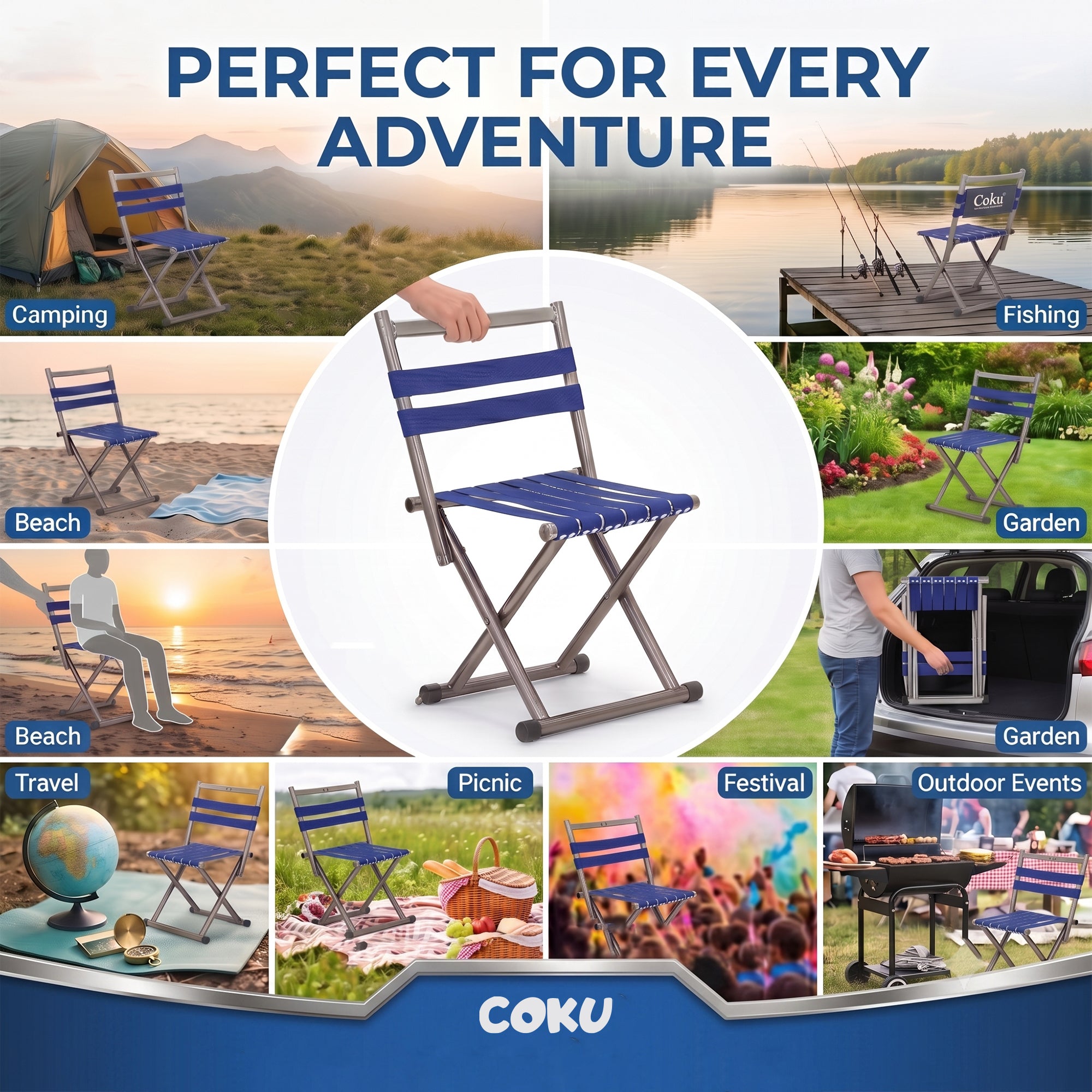 Coku 2 in 1 Folding Camping Chair & Stool, Heavy Duty Portable Metal Chair with Oxford Fabric Seat, Lightweight Foldable Outdoor Chair for Camping, Fishing, Hiking, Beach, Picnic, Garden & Travel