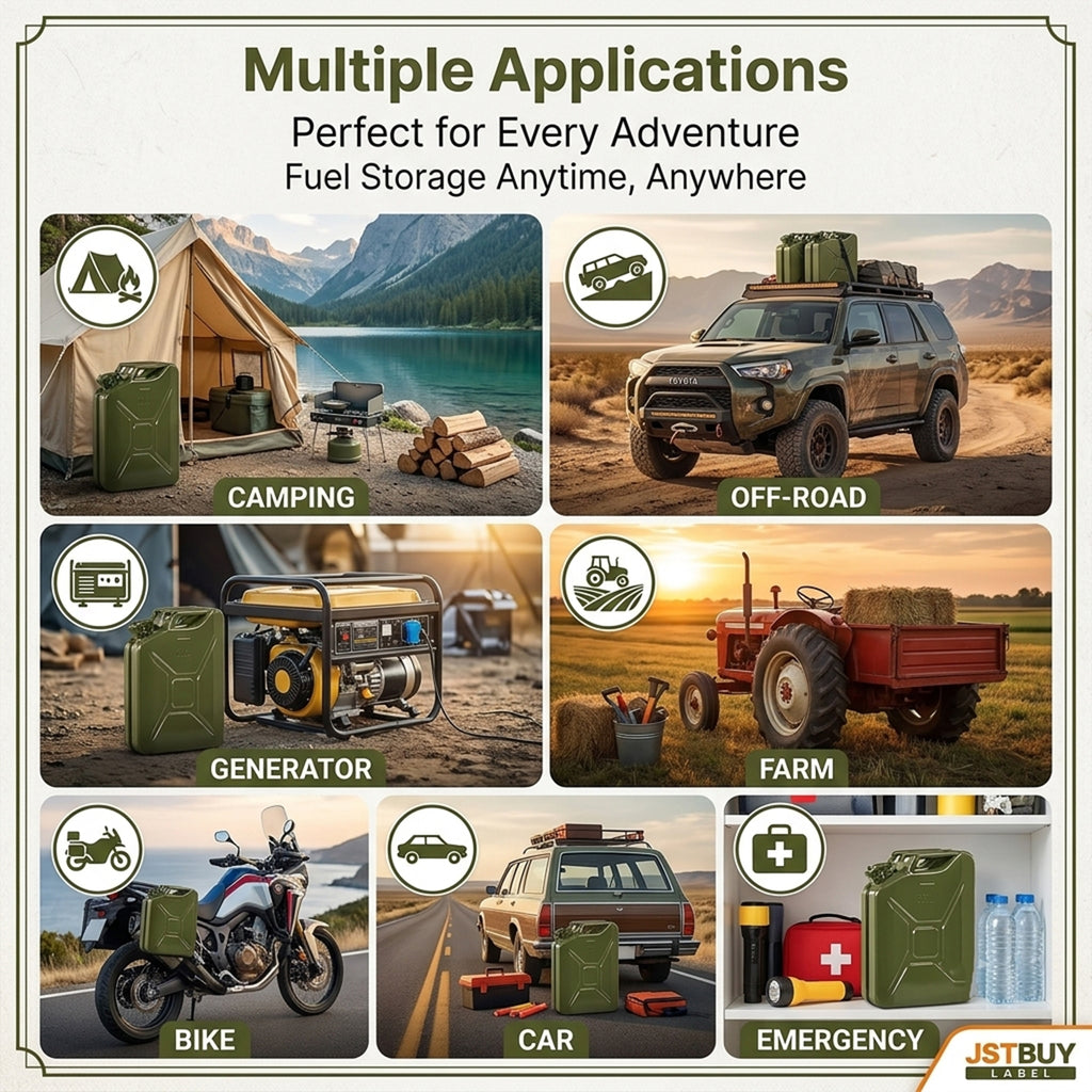 JSTBUY LABEL 20L Metal Jerry Can for Fuel, Petrol, Diesel & Water | Heavy Duty Leakproof Steel Fuel Can with Locking Cap | Rust Resistant Military Style Portable Oil Storage Container | Olive Green