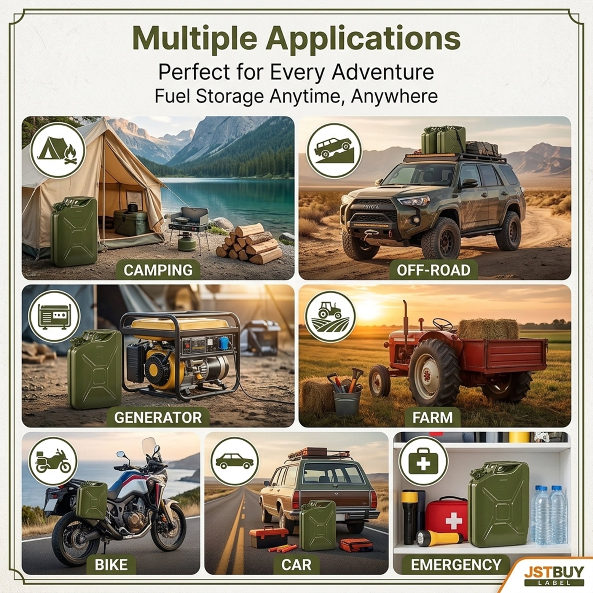 JSTBUY LABEL 20L Metal Jerry Can for Fuel, Petrol, Diesel & Water | Heavy Duty Leakproof Steel Fuel Can with Locking Cap | Rust Resistant Military Style Portable Oil Storage Container | Olive Green