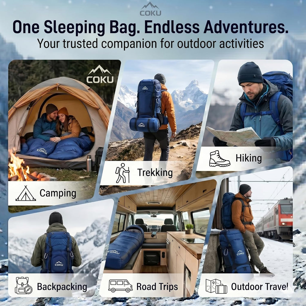 Coku Premium Camping Sleeping Bag, Up to 7.2 ft with Faux Fur Lining, Hooded Design, Lightweight & Compact with Fits Users Sleeping Bag (-5°C to +5°C) for Camping, Hiking & Travel (Blue)