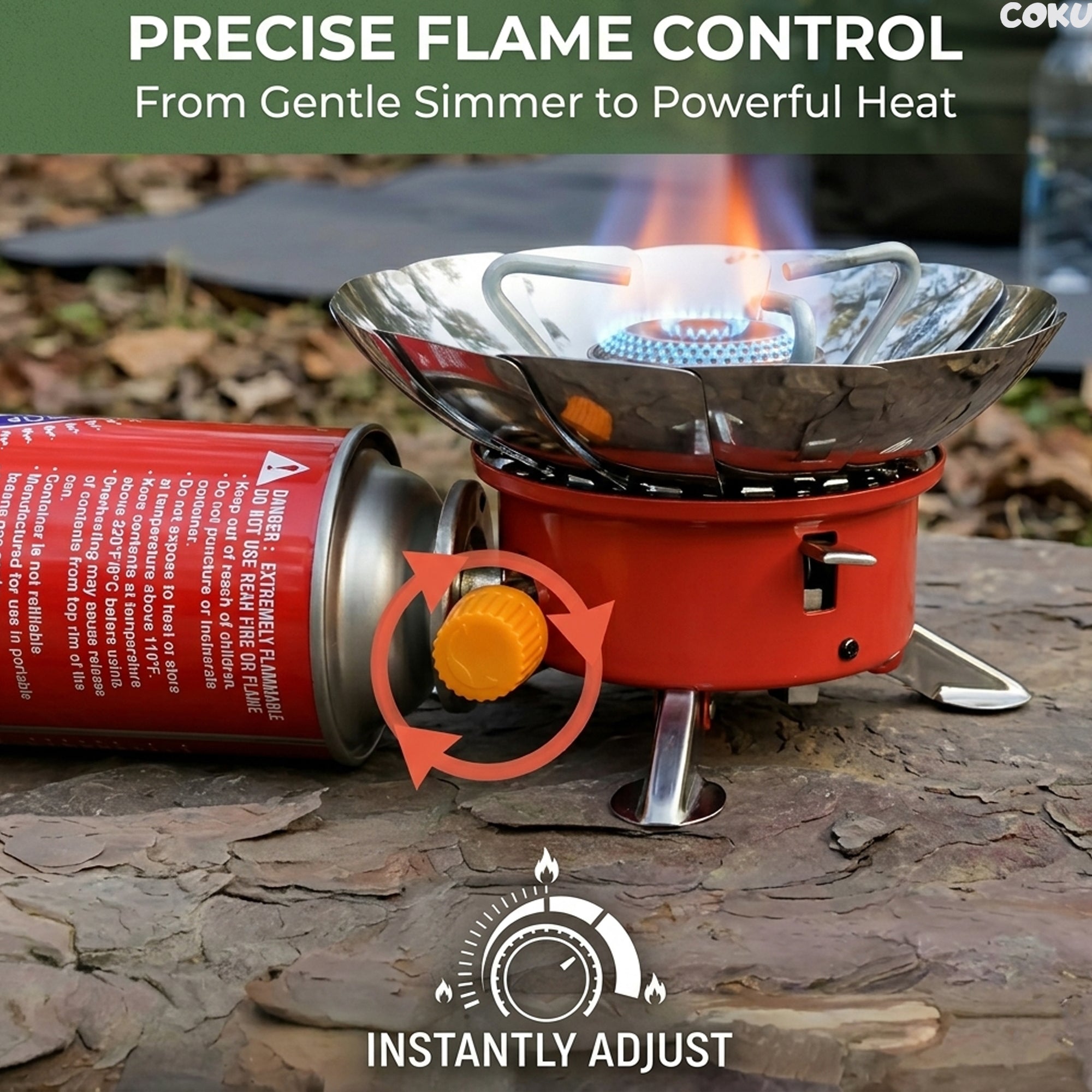Coku Windproof Camping Gas Stove, Portable Lotus Shape Burner, Stainless Steel, Foldable Lightweight for Hiking, Trekking, Picnic, BBQ and Fishing
