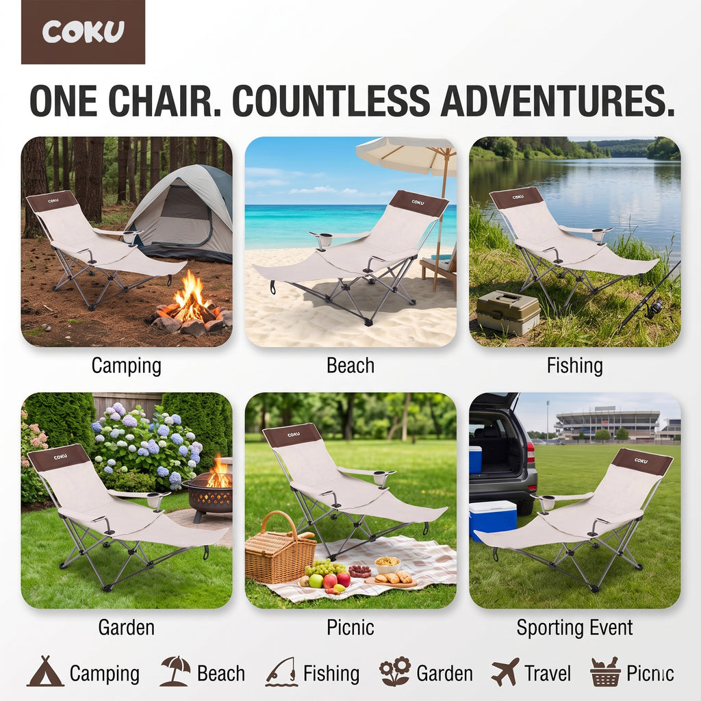 Coku Reclining Camping Chair with Detachable Foot Rest, Cup Holder & Side Storage Pocket, Foldable Portable Heavy Duty Lounge Chair for Beach, Fishing, Picnic, Garden